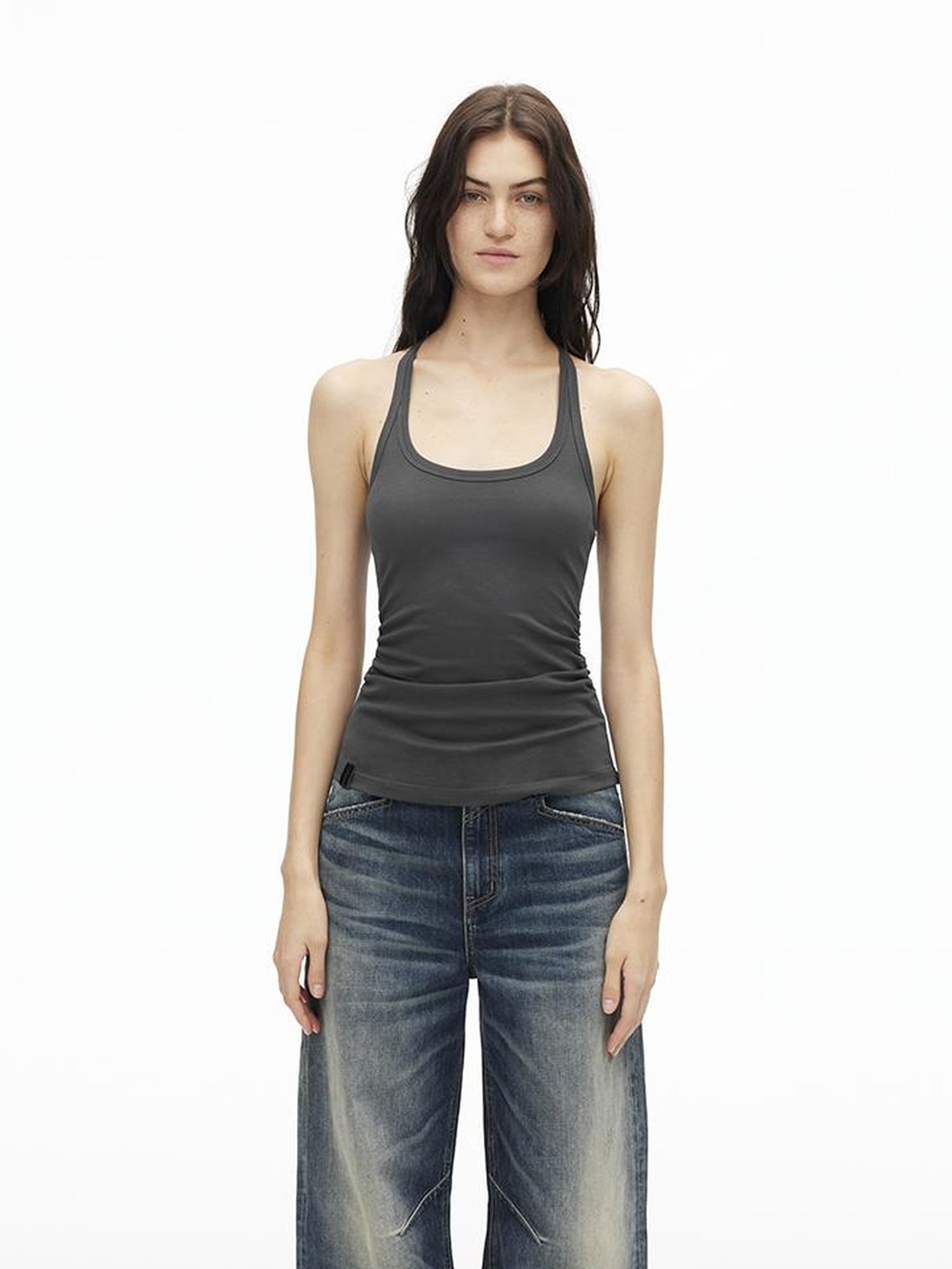 AFTADAWN Stretch Pearl Detail Back Ruffle U Neck Camisole