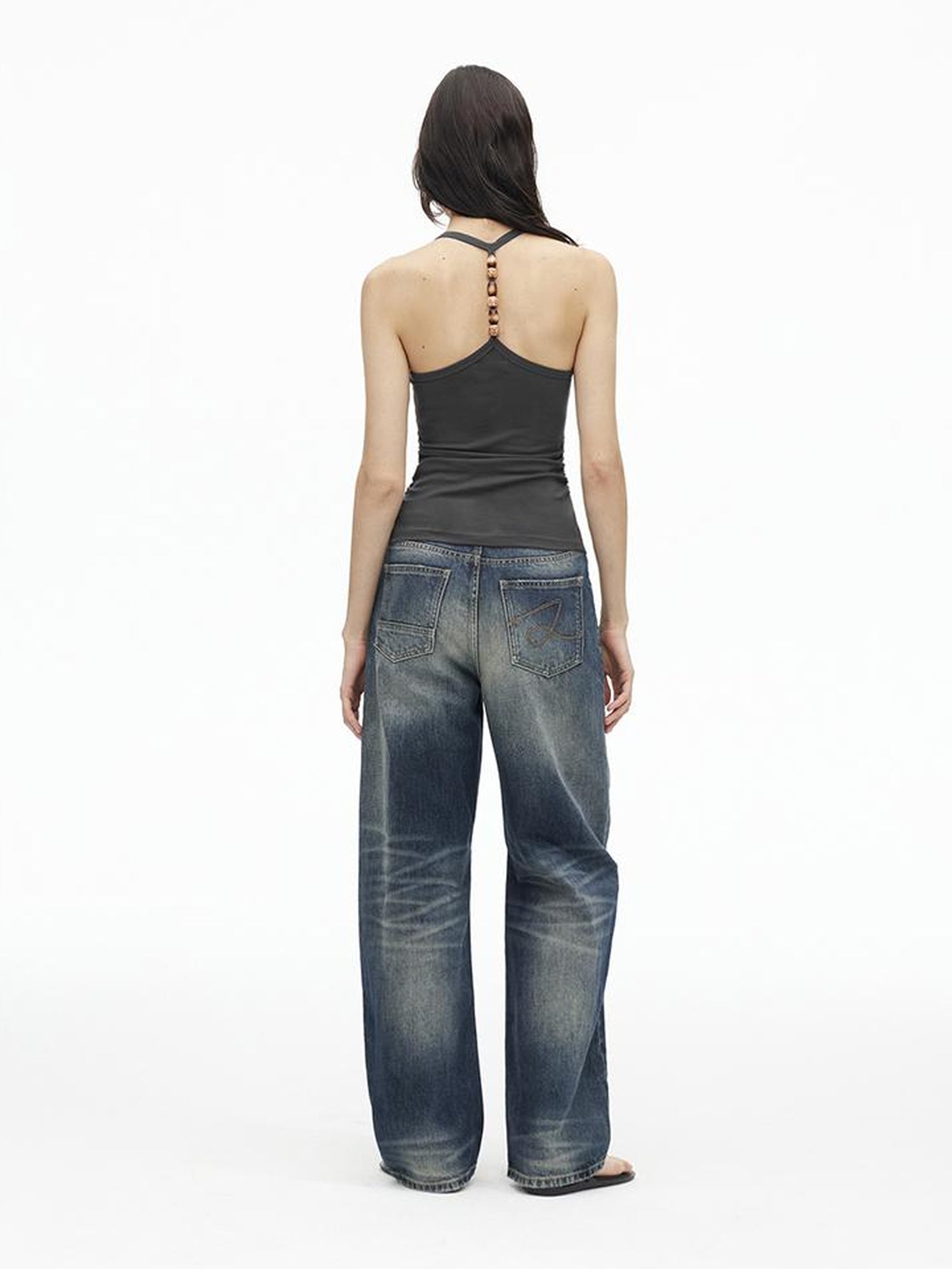 AFTADAWN Stretch Pearl Detail Back Ruffle U Neck Camisole