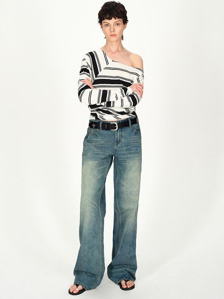AFTADAWN Striped Asymmetric Off Shoulder Women&
