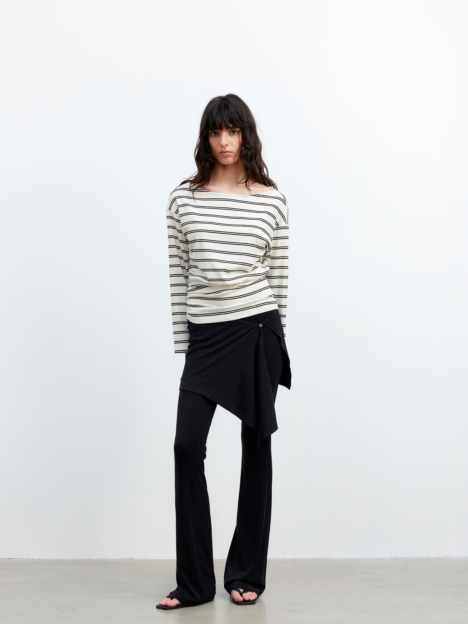 AFTADAWN Striped Asymmetric Shoulder Drop Sleeve Tunic Top