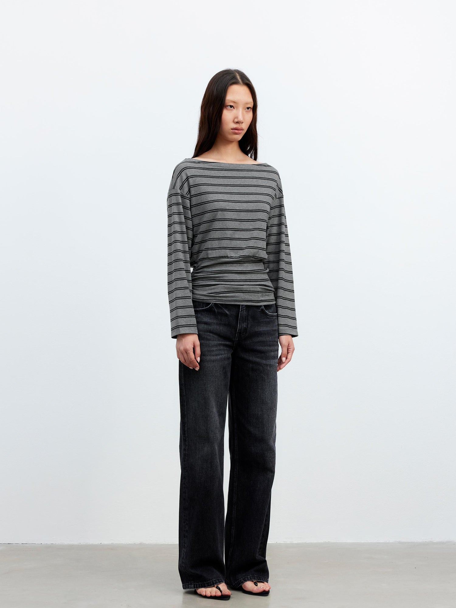 AFTADAWN Striped Asymmetric Shoulder Drop Sleeve Tunic Top