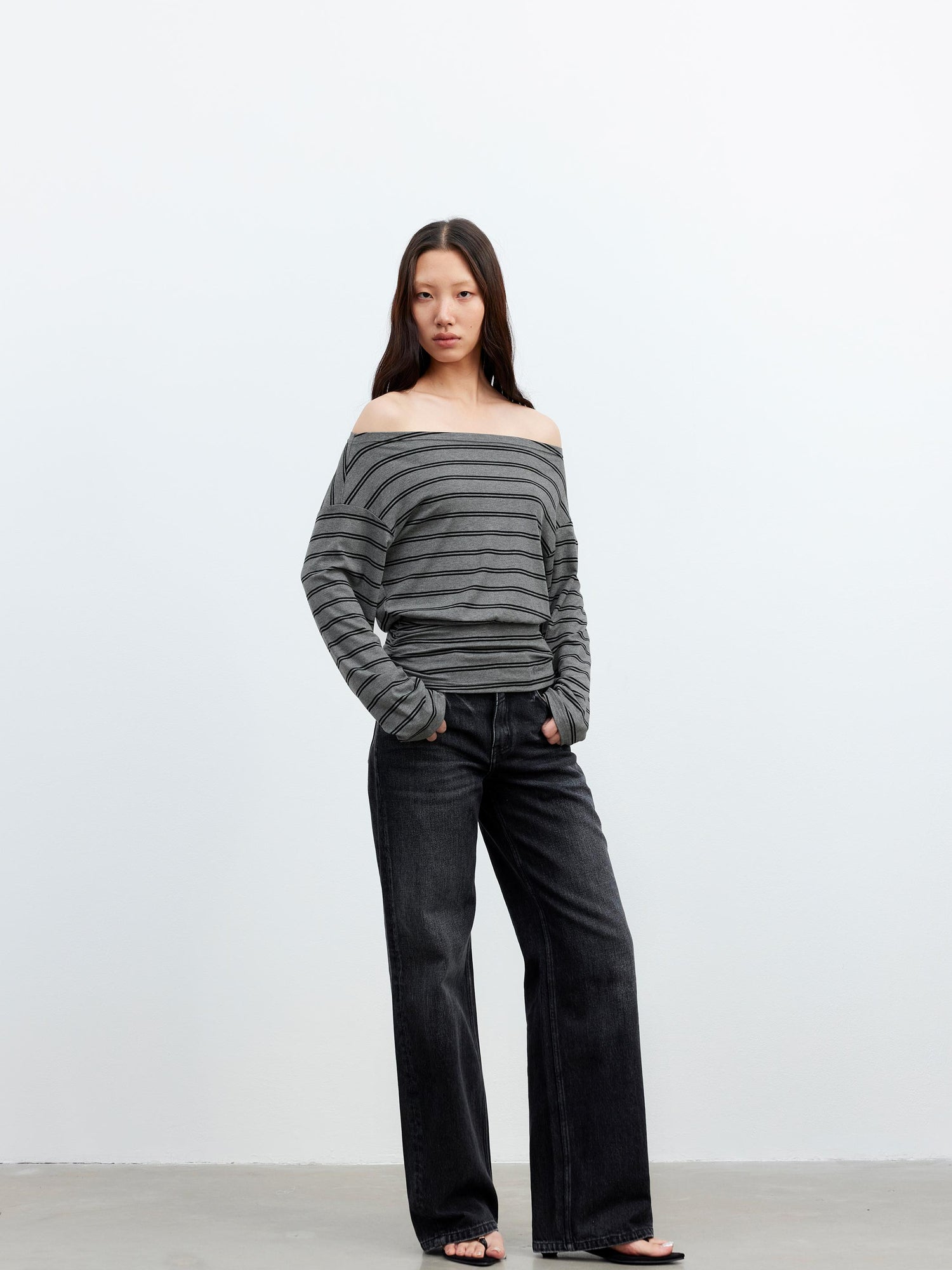 AFTADAWN Striped Asymmetric Shoulder Drop Sleeve Tunic Top