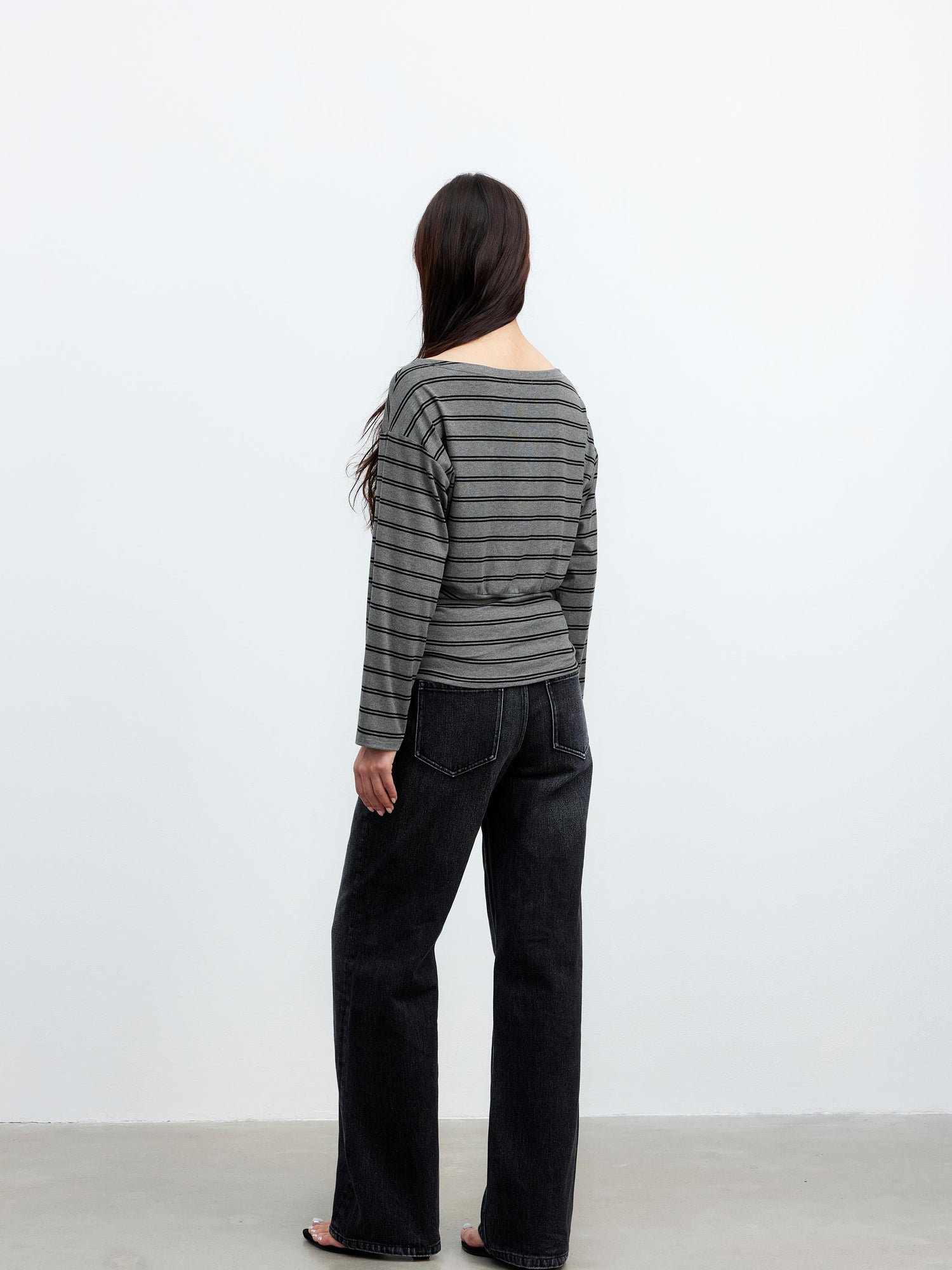 AFTADAWN Striped Asymmetric Shoulder Drop Sleeve Tunic Top