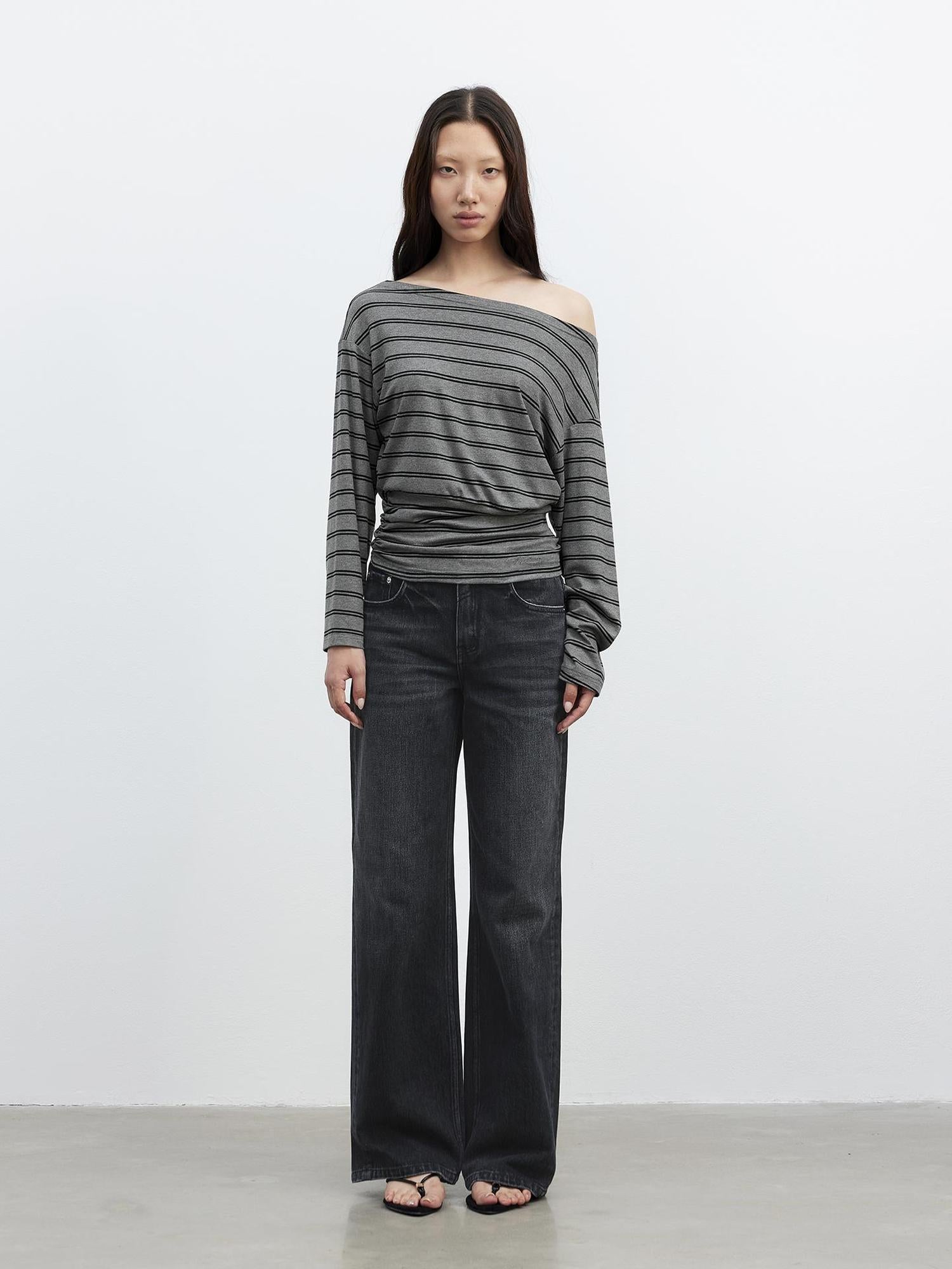 AFTADAWN Striped Asymmetric Shoulder Drop Sleeve Tunic Top