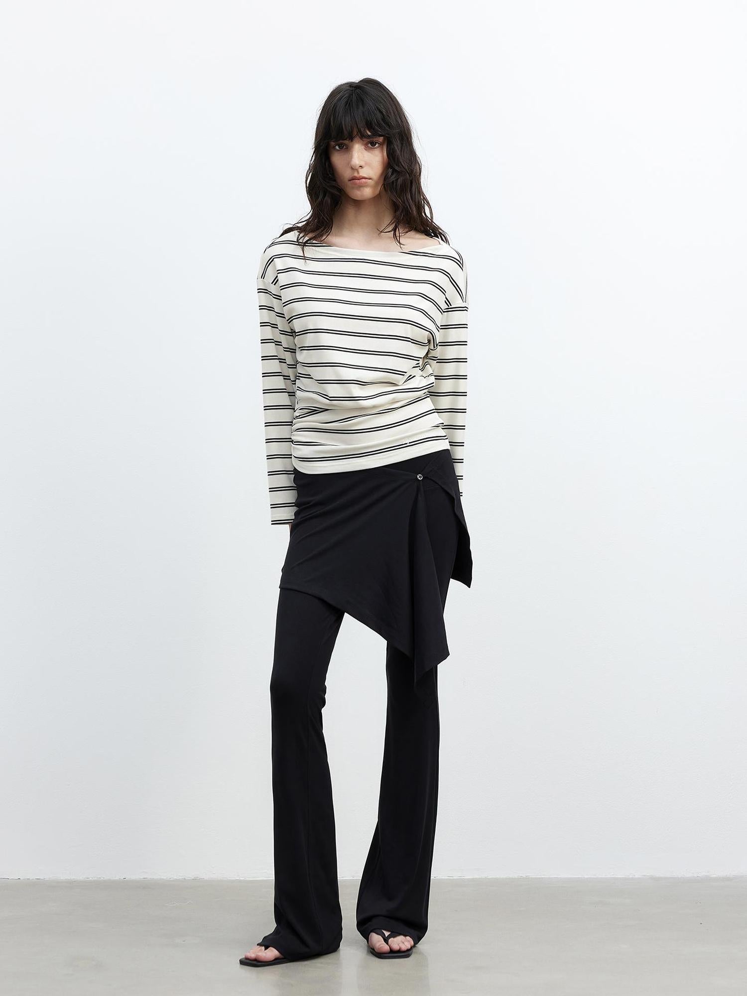 AFTADAWN Striped Asymmetric Shoulder Drop Sleeve Tunic Top