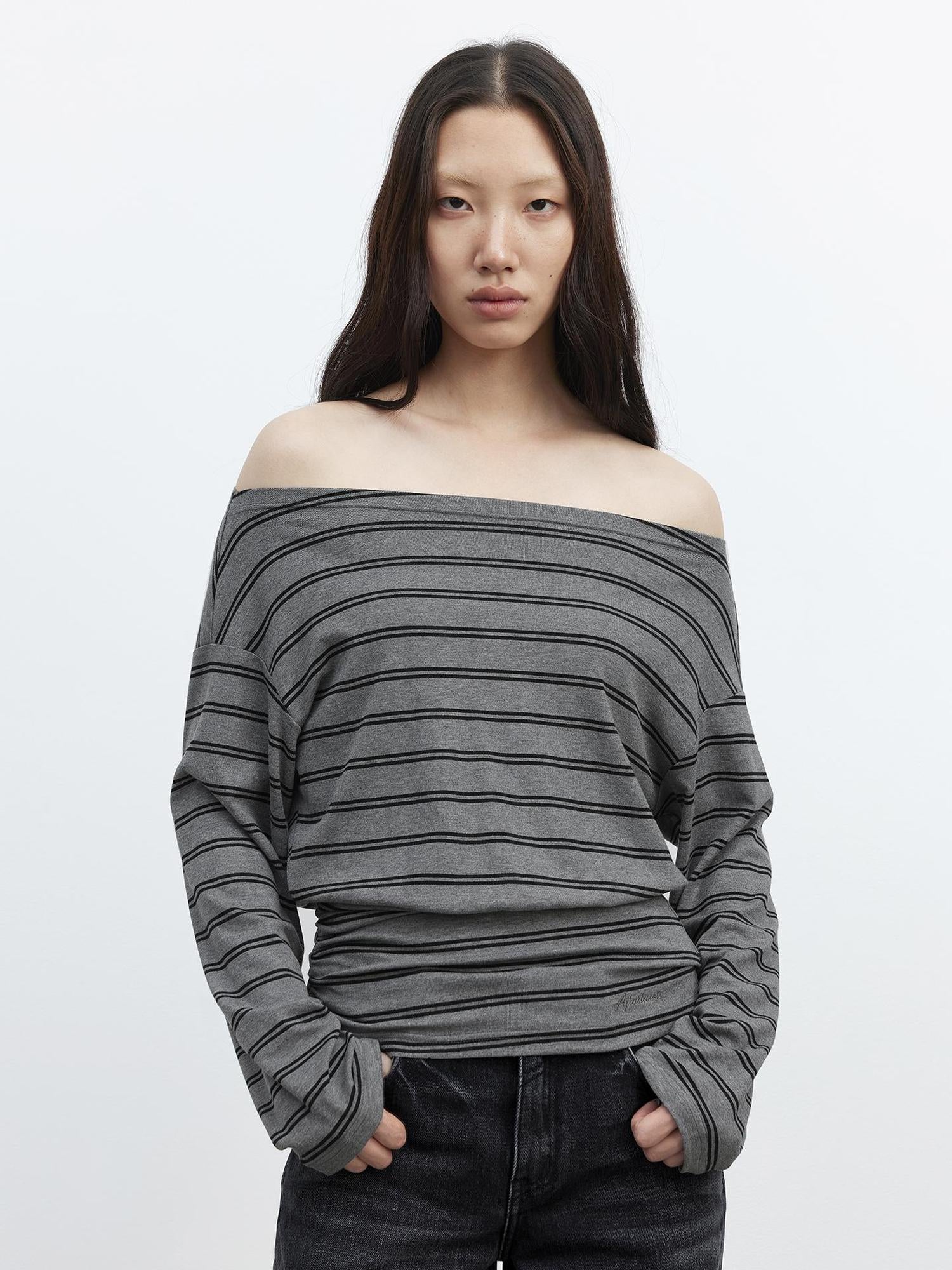 AFTADAWN Striped Asymmetric Shoulder Drop Sleeve Tunic Top