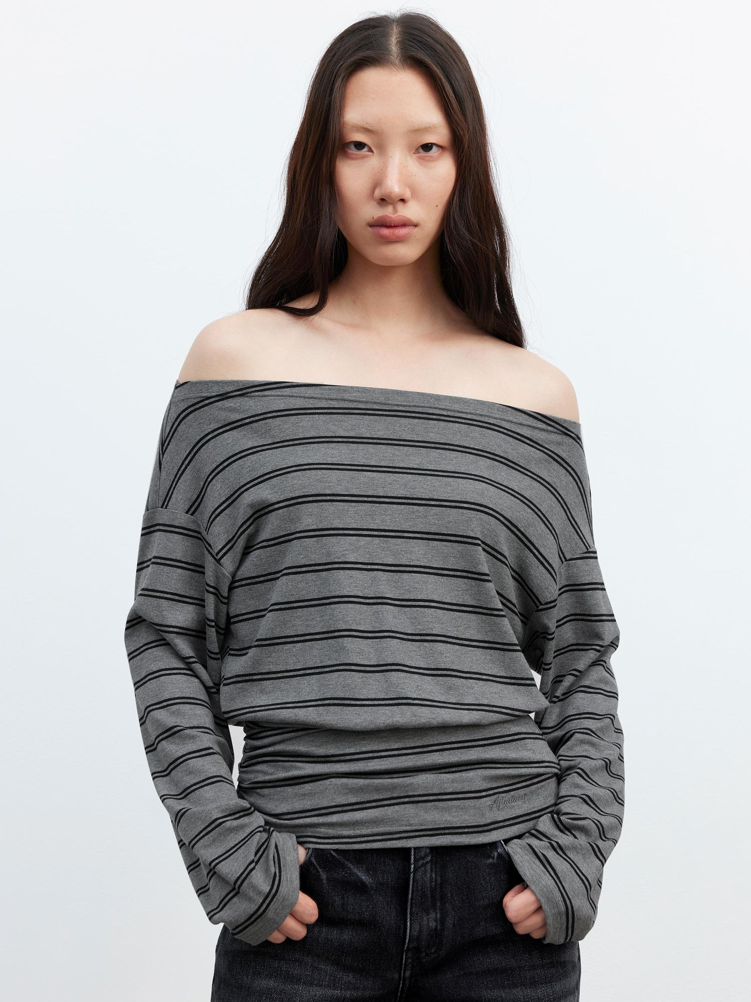 AFTADAWN Striped Asymmetric Shoulder Drop Sleeve Tunic Top