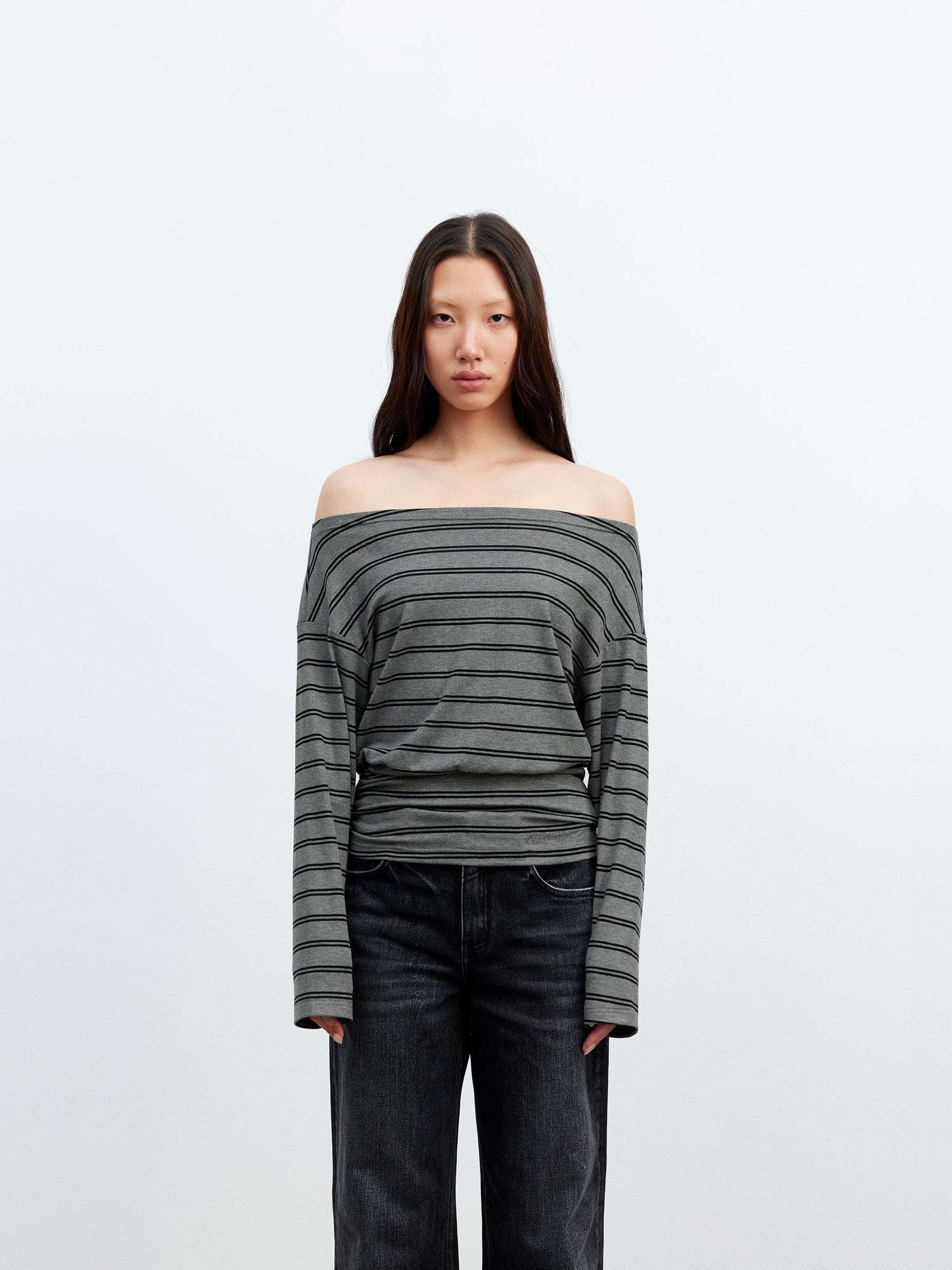 AFTADAWN Striped Asymmetric Shoulder Drop Sleeve Tunic Top