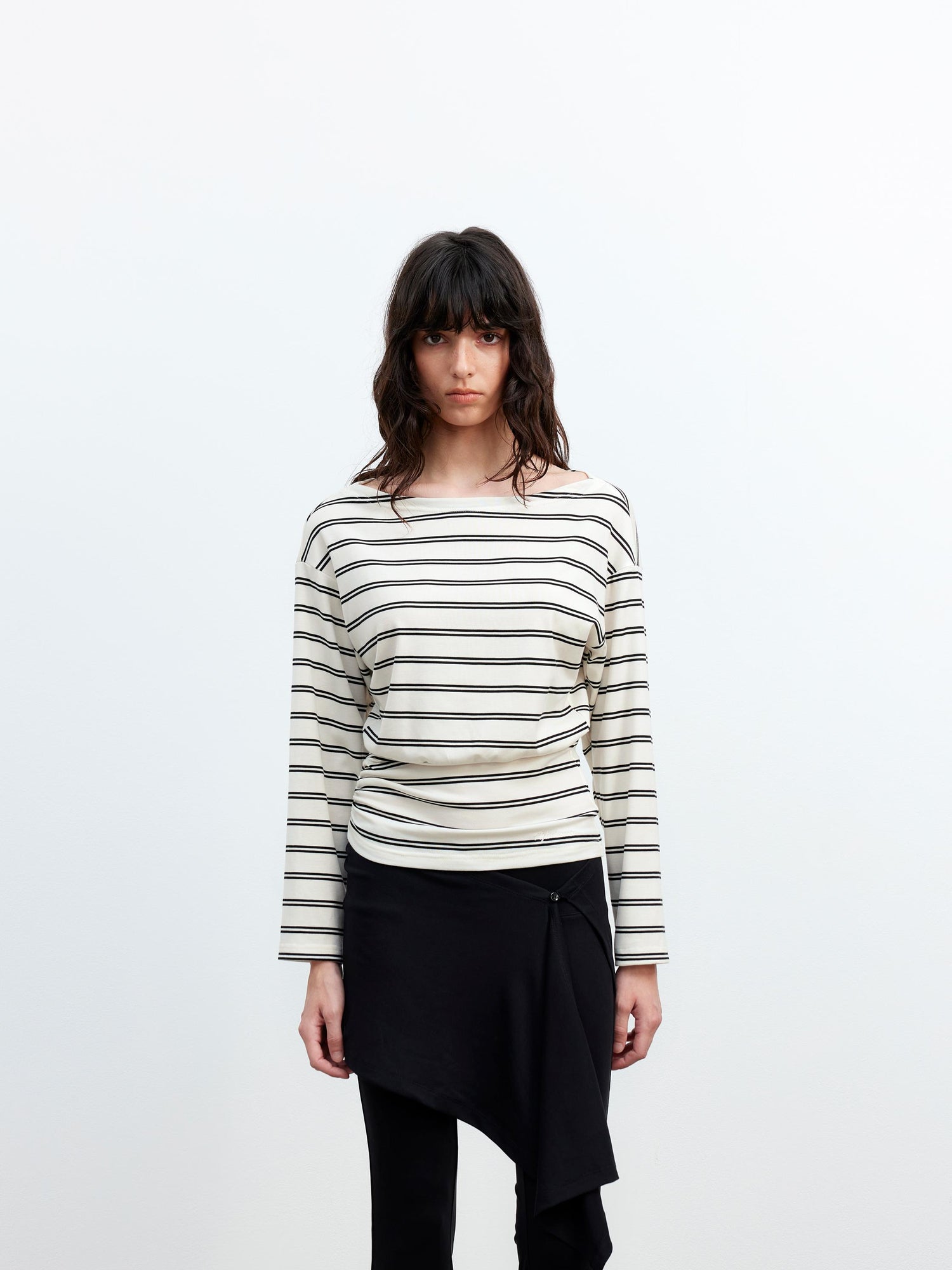 AFTADAWN Striped Asymmetric Shoulder Drop Sleeve Tunic Top