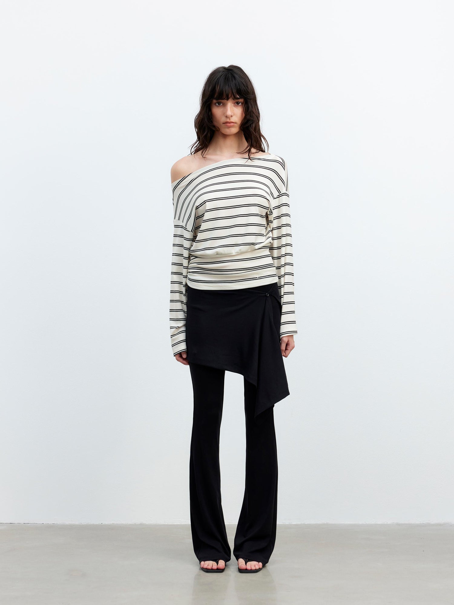 AFTADAWN Striped Asymmetric Shoulder Drop Sleeve Tunic Top