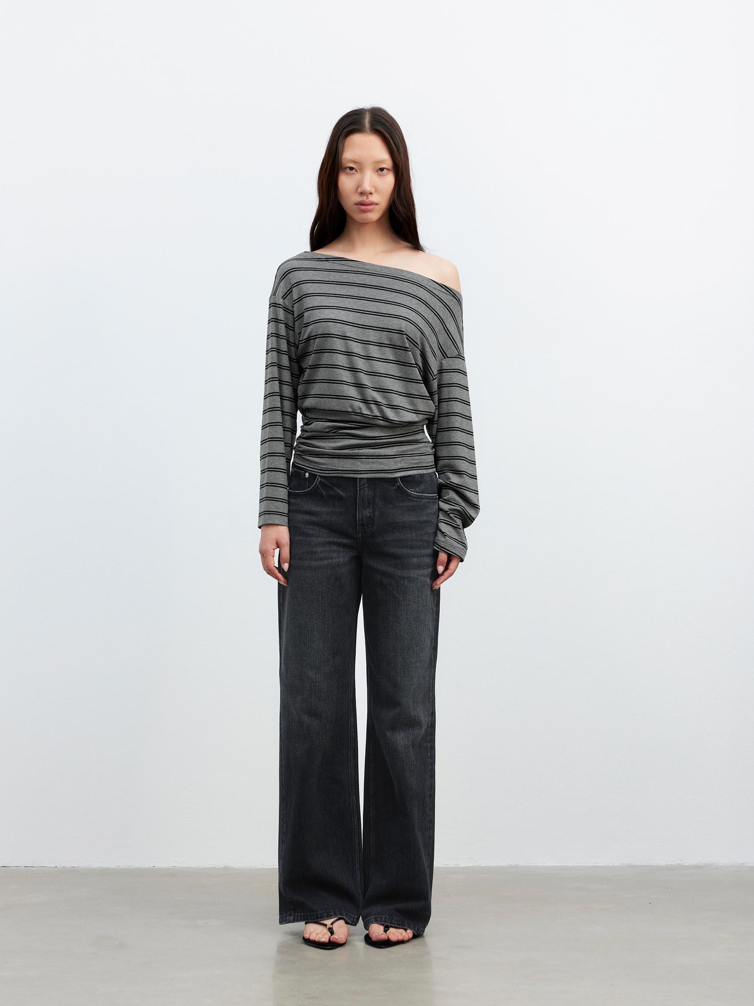 AFTADAWN Striped Asymmetric Shoulder Drop Sleeve Tunic Top