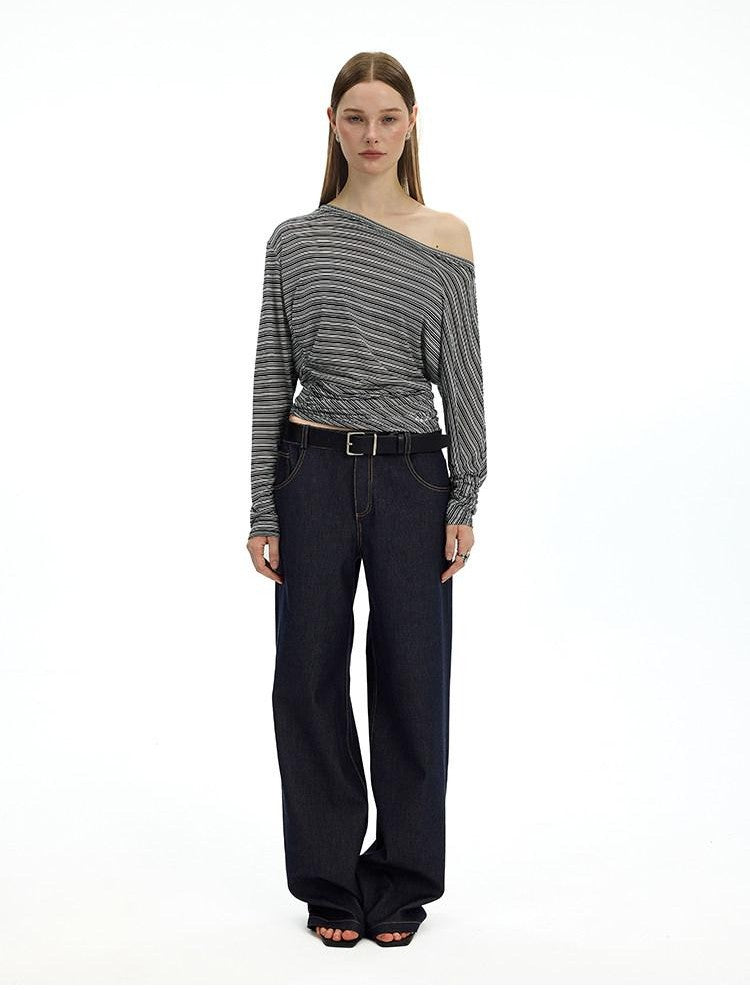 AFTADAWN Striped Asymmetrical One Shoulder Ruched Women&