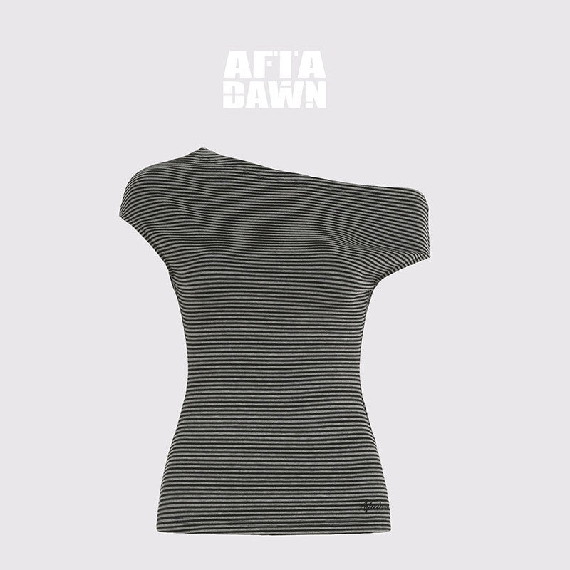 AFTADAWN_Striped_Asymmetrical_Shoulder_Cinched_Waist_Women&