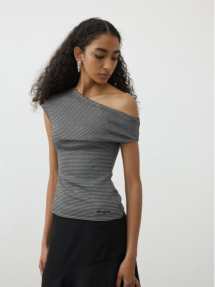 AFTADAWN Striped Asymmetrical Shoulder Cinched Waist Women&