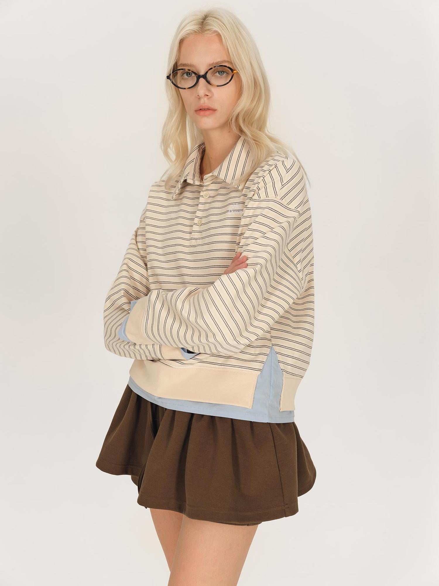 AFTADAWN Striped Collar Contrast Long Sleeve T-shirt