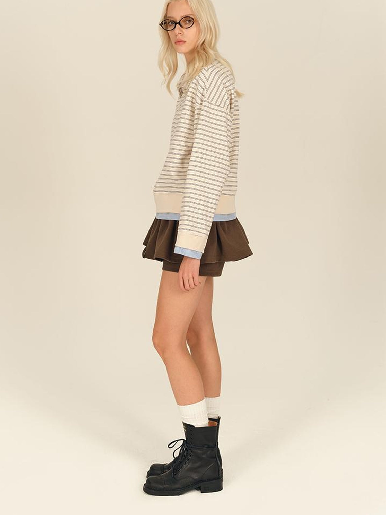 AFTADAWN Striped Collar Contrast Long Sleeve T-shirt