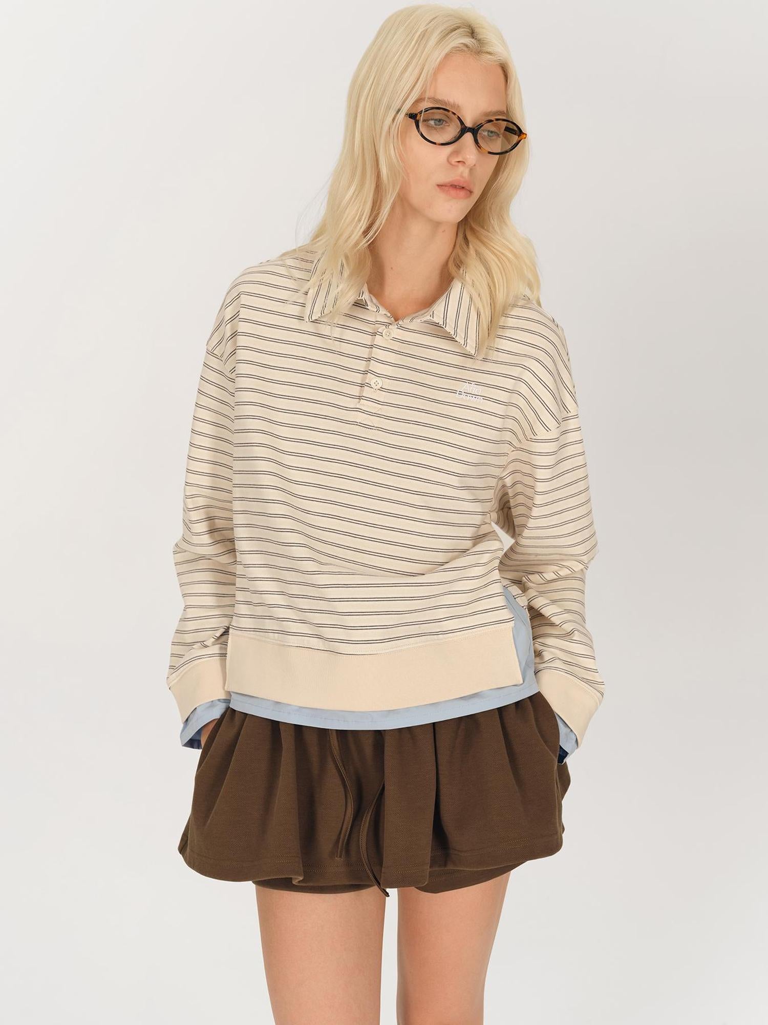 AFTADAWN Striped Collar Contrast Long Sleeve T-shirt