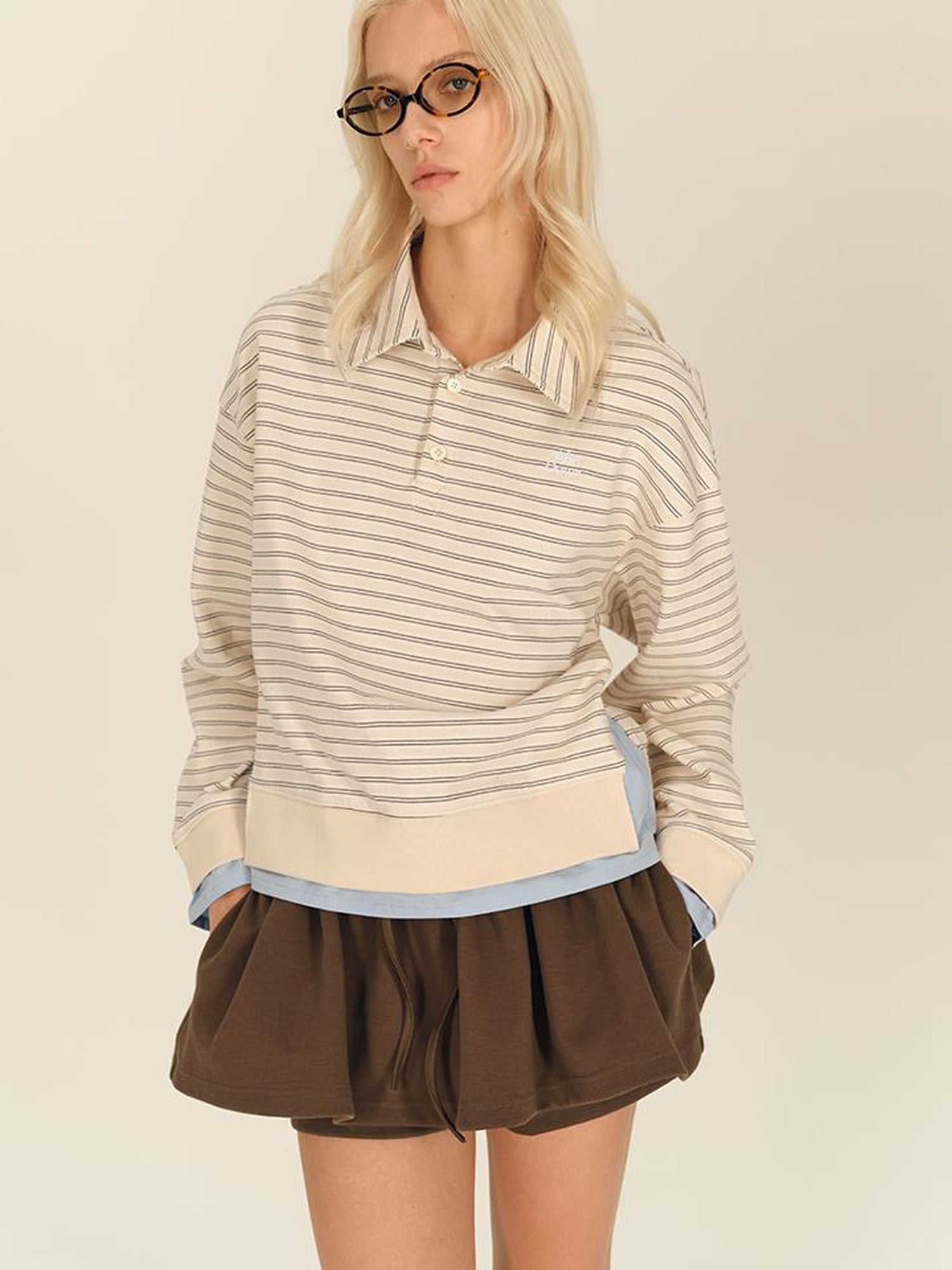 AFTADAWN Striped Collar Contrast Long Sleeve T-shirt