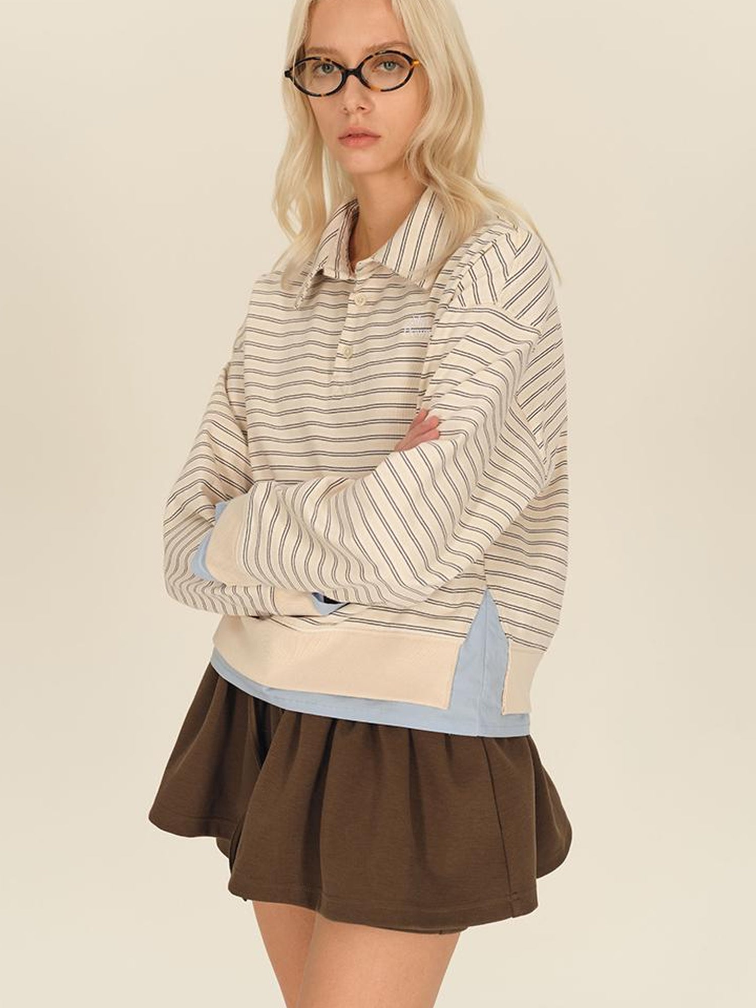 AFTADAWN Striped Collar Contrast Long Sleeve T-shirt