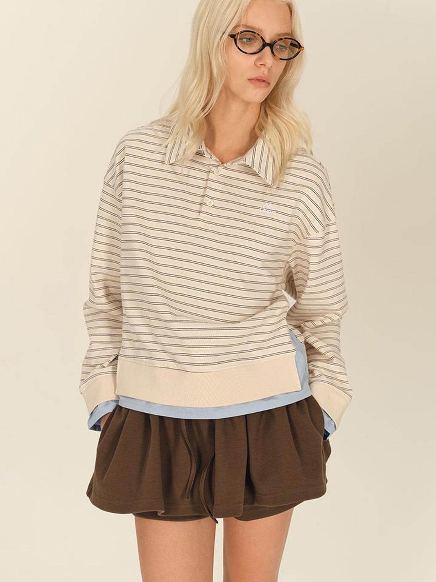 AFTADAWN Striped Collar Contrast Long Sleeve T-shirt