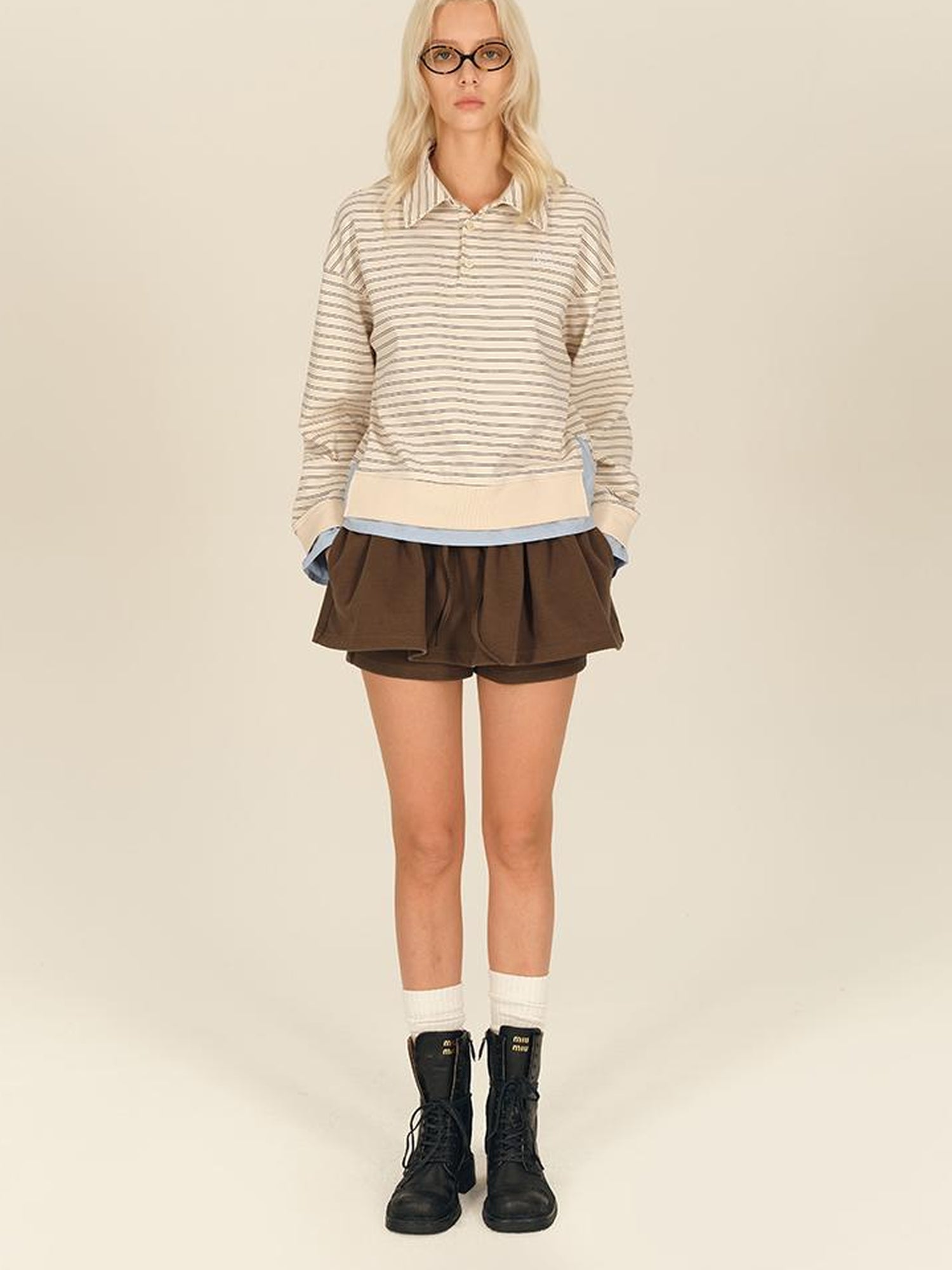 AFTADAWN Striped Collar Contrast Long Sleeve T-shirt