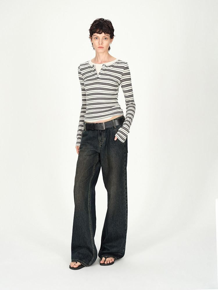 AFTADAWN Striped Colorblock Henley Layered Women&