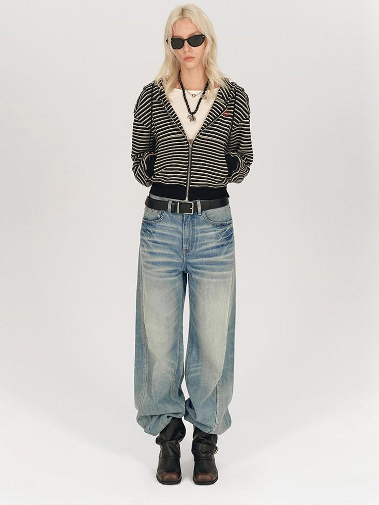 AFTADAWN Striped Embroidered Hooded Rib Waist Women&