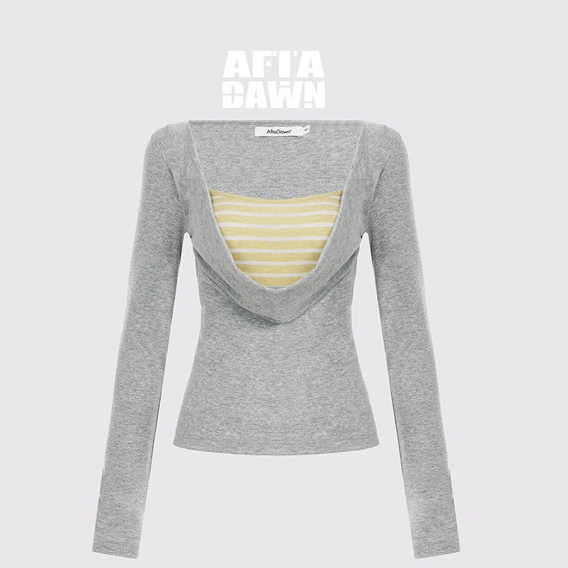 AFTADAWN_Striped_Faux_Layered_Patchwork_Slim_Boat_Neck_Long_Sleeve_Lyocell_Women_T-Shirt_MISSTT