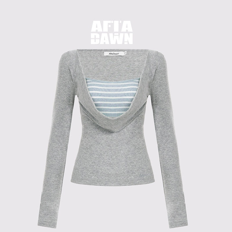 AFTADAWN_Striped_Faux_Layered_Patchwork_Slim_Boat_Neck_Long_Sleeve_Lyocell_Women_T-Shirt_MISSTT