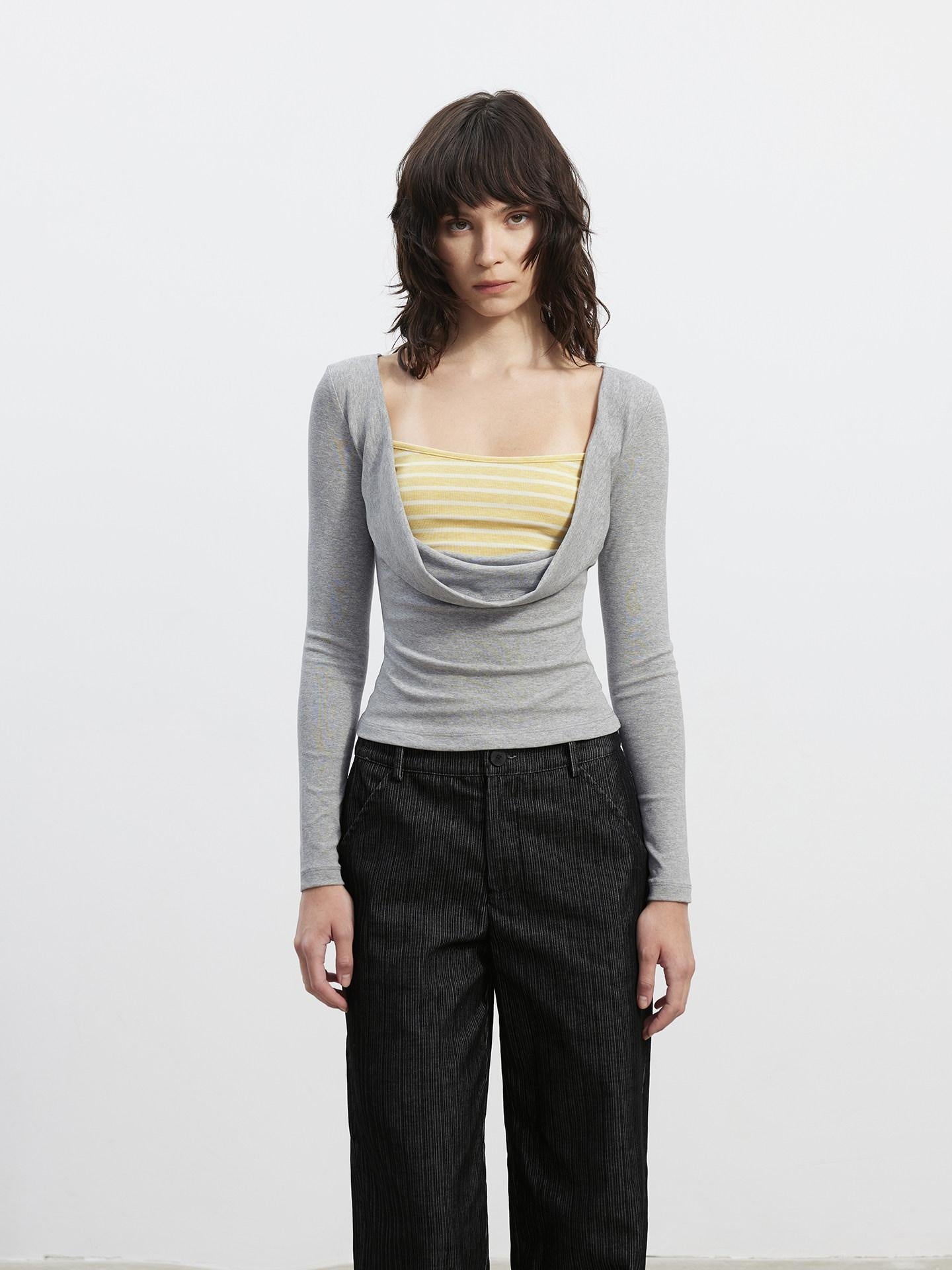 AFTADAWN Striped Faux Layered Patchwork Slim Boat Neck Long Sleeve Lyocell Women T-Shirt