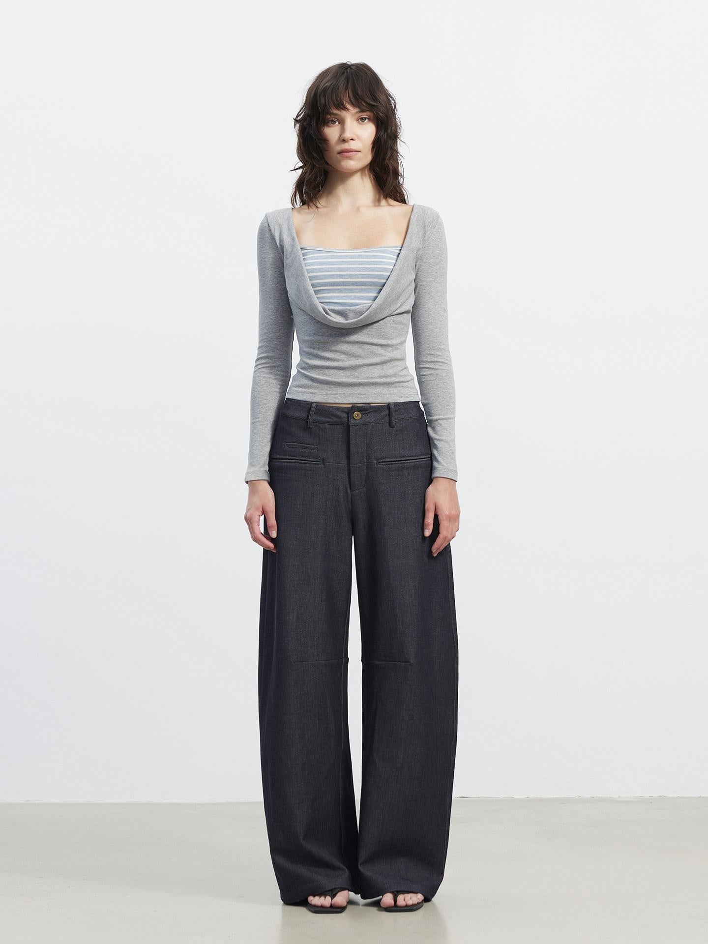 AFTADAWN Striped Faux Layered Patchwork Slim Boat Neck Long Sleeve Lyocell Women T-Shirt