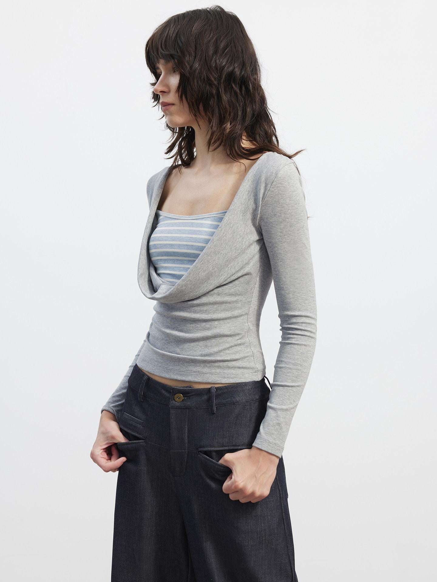 AFTADAWN Striped Faux Layered Patchwork Slim Boat Neck Long Sleeve Lyocell Women T-Shirt