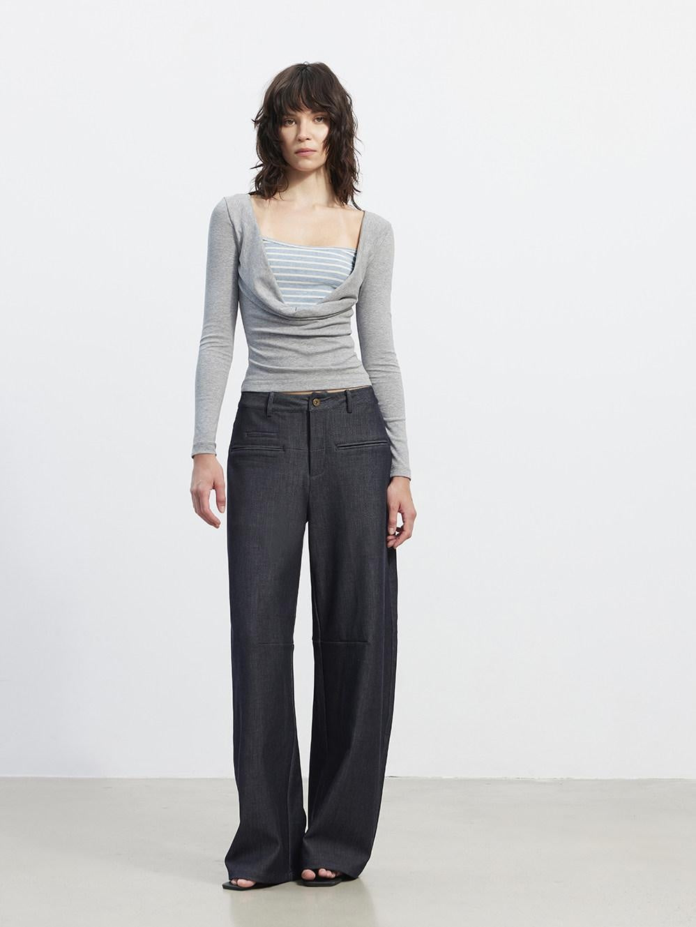 AFTADAWN Striped Faux Layered Patchwork Slim Boat Neck Long Sleeve Lyocell Women T-Shirt