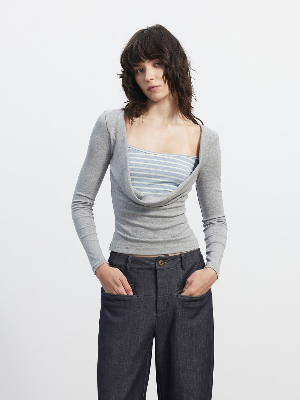 AFTADAWN Striped Faux Layered Patchwork Slim Boat Neck Long Sleeve Lyocell Women T-Shirt