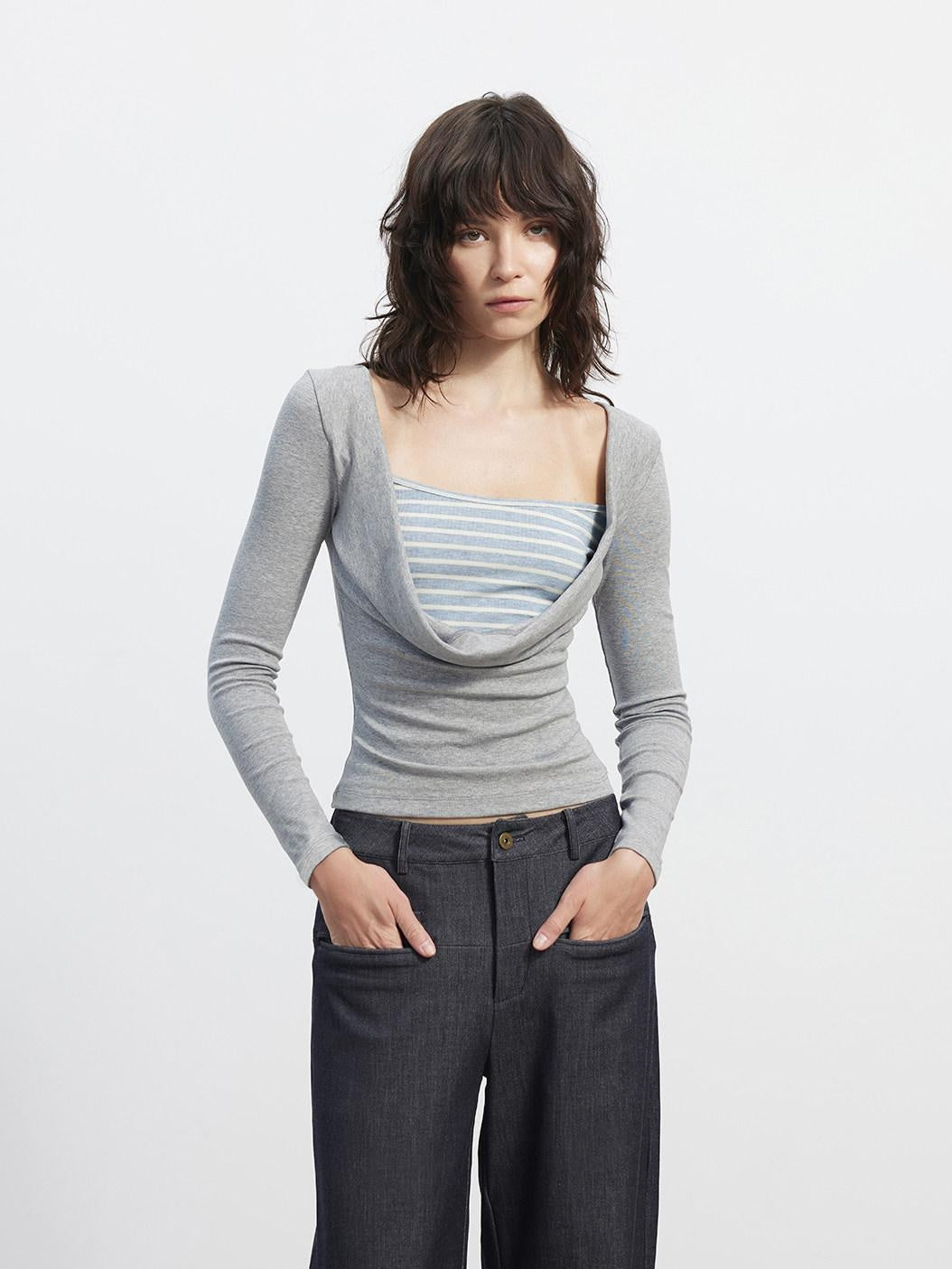 AFTADAWN Striped Faux Layered Patchwork Slim Boat Neck Long Sleeve Lyocell Women T-Shirt