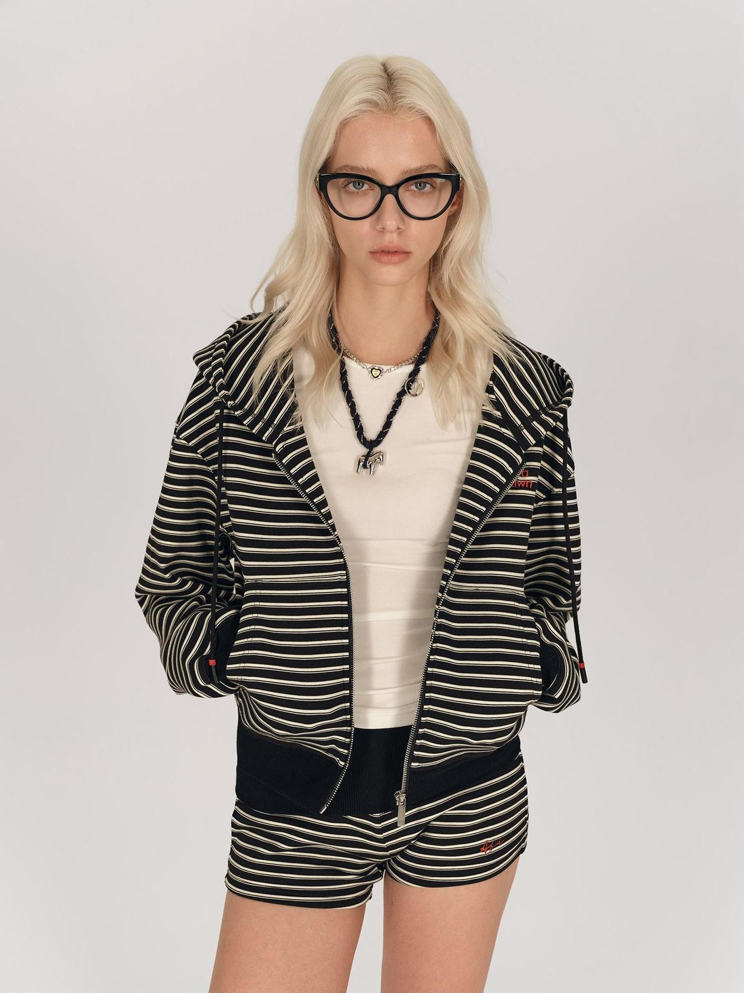 AFTADAWN Striped Hooded Sweatshirt With Embroidered Logo And Ribbed Shorts