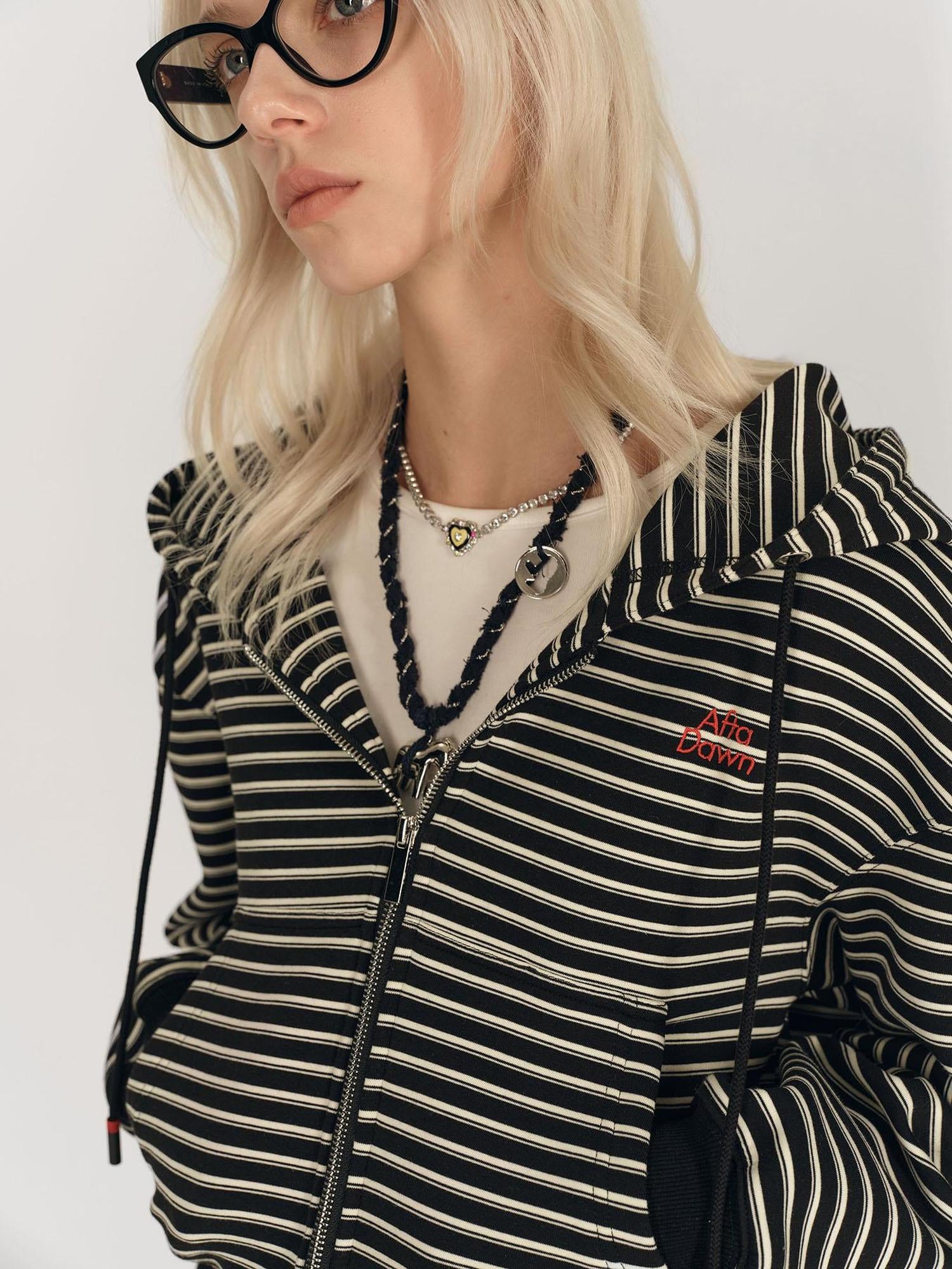 AFTADAWN Striped Hooded Sweatshirt With Embroidered Logo And Ribbed Shorts