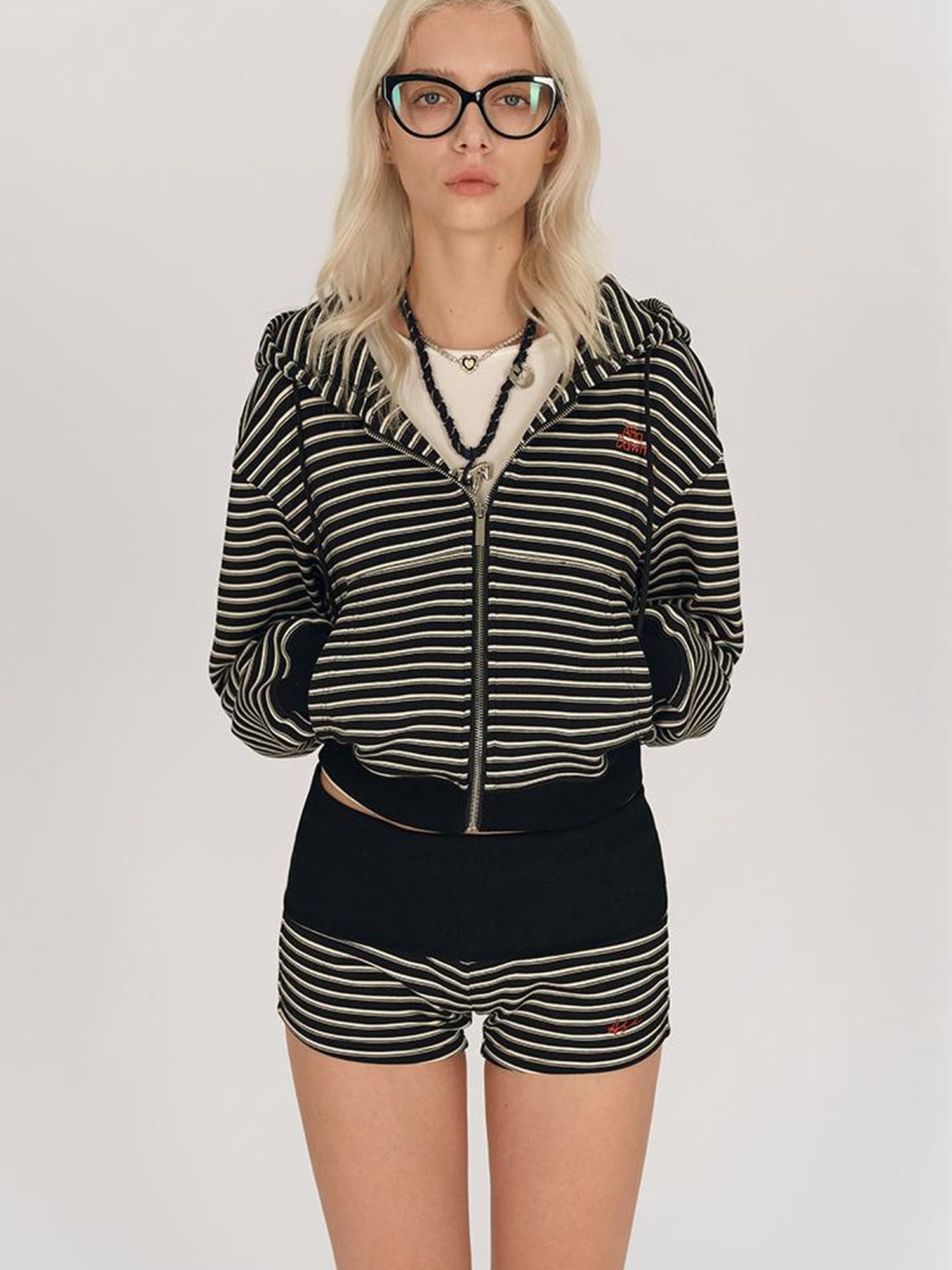 AFTADAWN Striped Hooded Sweatshirt With Embroidered Logo And Ribbed Shorts