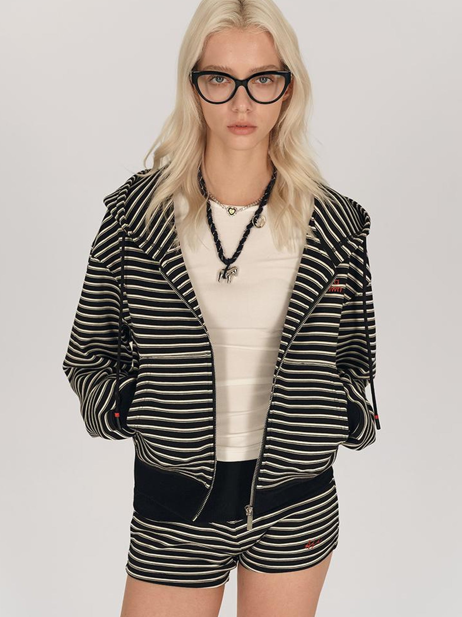 AFTADAWN Striped Hooded Sweatshirt With Embroidered Logo And Ribbed Shorts