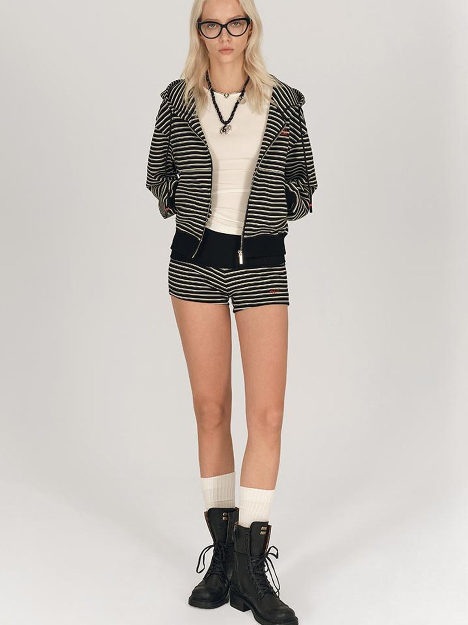 AFTADAWN Striped Hooded Sweatshirt With Embroidered Logo And Ribbed Shorts