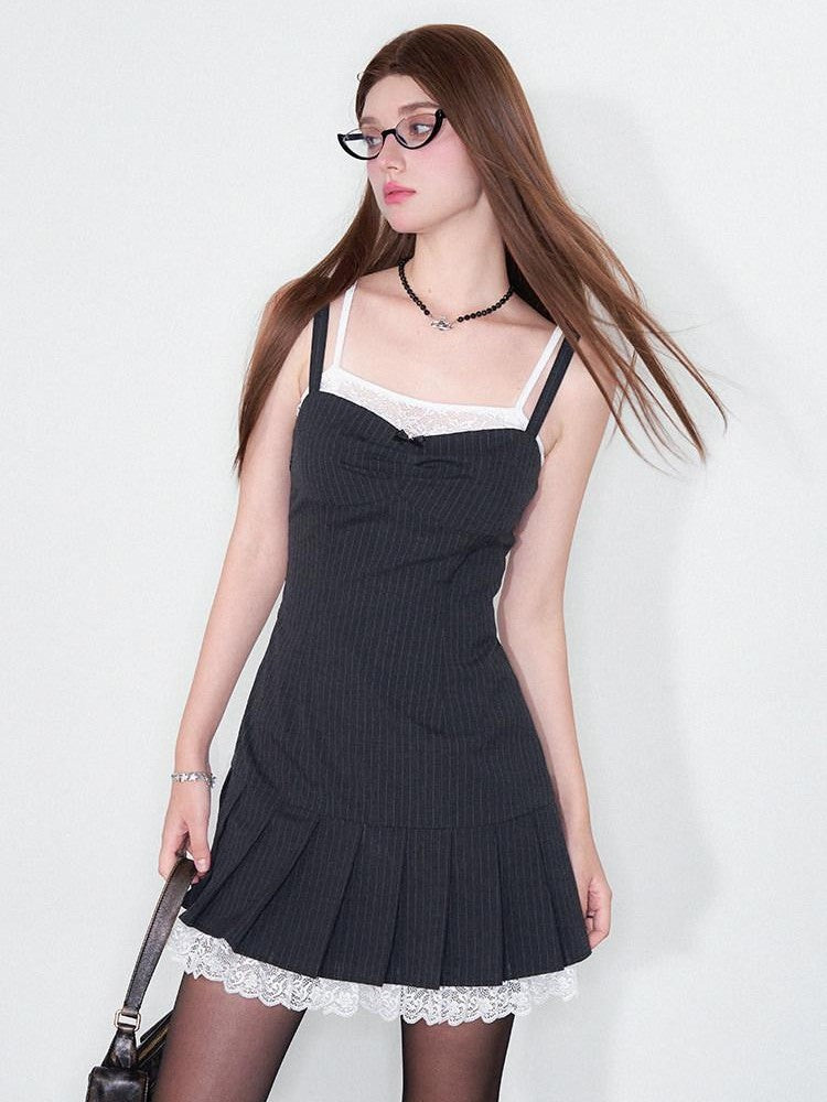 AFTADAWN Striped Lace Spliced Pleated Aline Women&