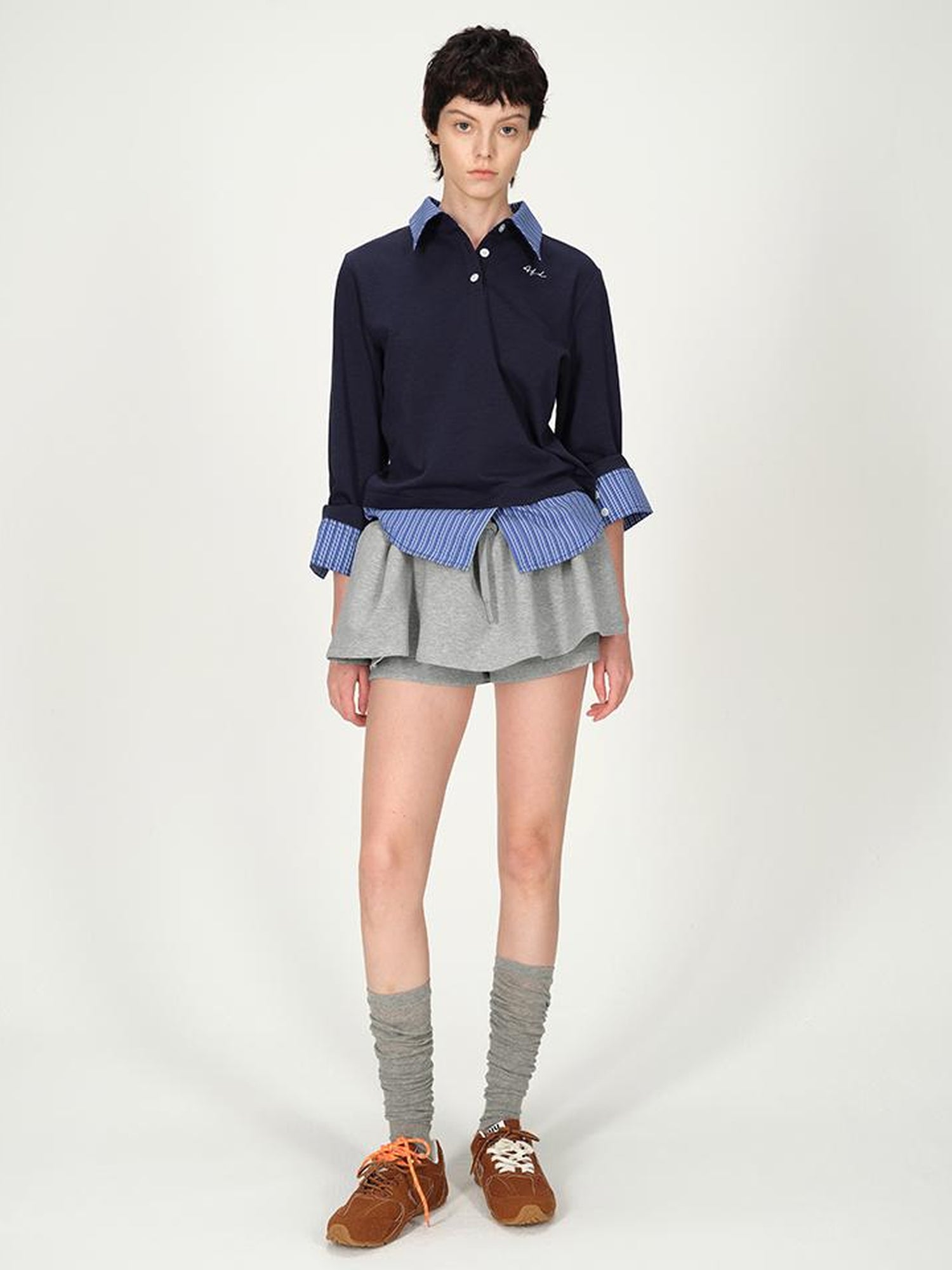 AFTADAWN Striped Layered Shirt Polo Collar Top With Pleated Skirt Set