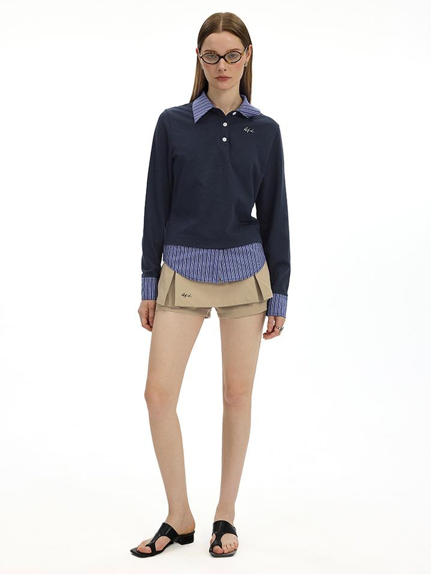 AFTADAWN Striped Layered Shirt Polo Collar Top With Pleated Skirt Set