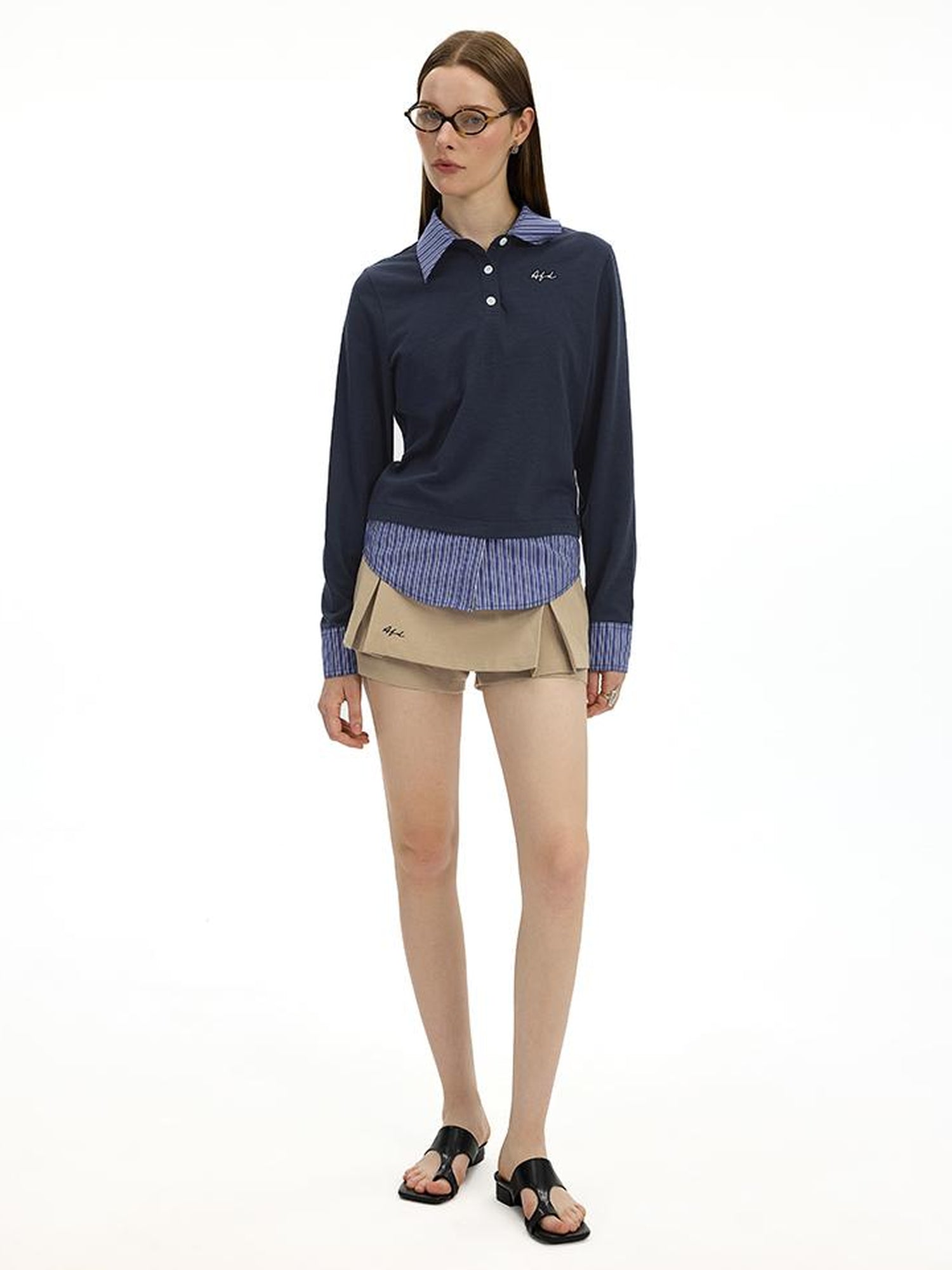 AFTADAWN Striped Layered Shirt Polo Collar Top With Pleated Skirt Set