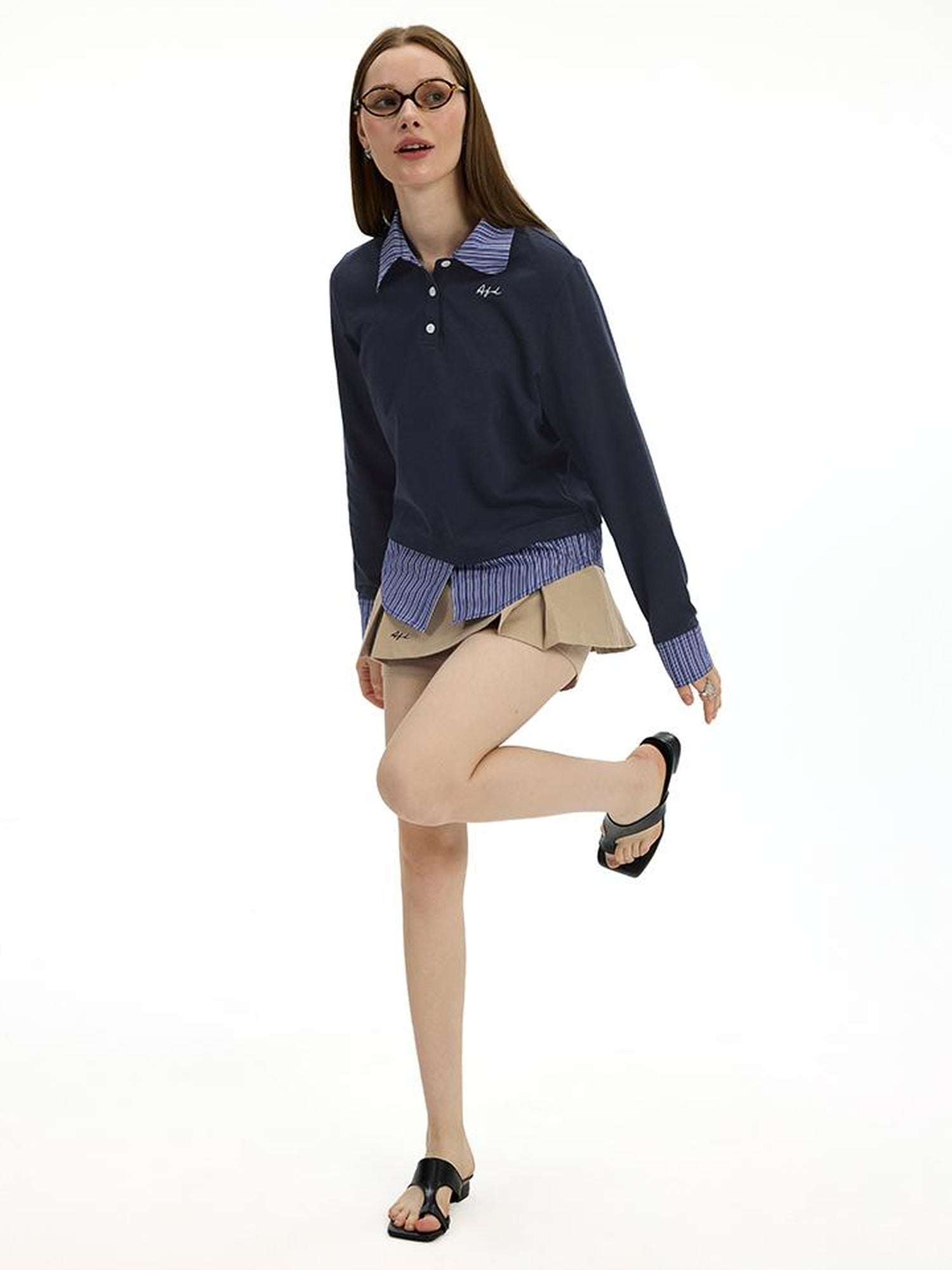 AFTADAWN Striped Layered Shirt Polo Collar Top With Pleated Skirt Set