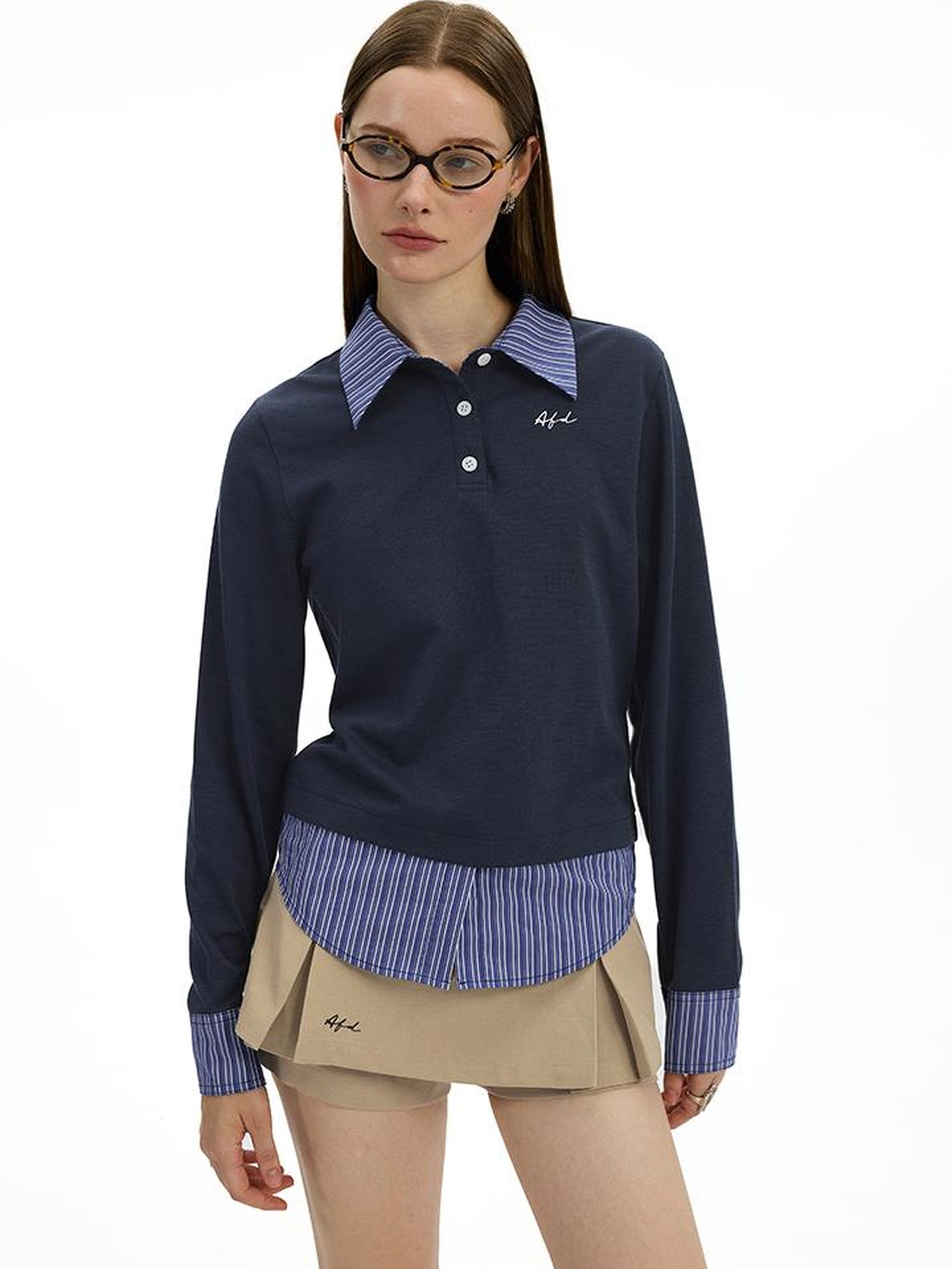 AFTADAWN Striped Layered Shirt Polo Collar Top With Pleated Skirt Set