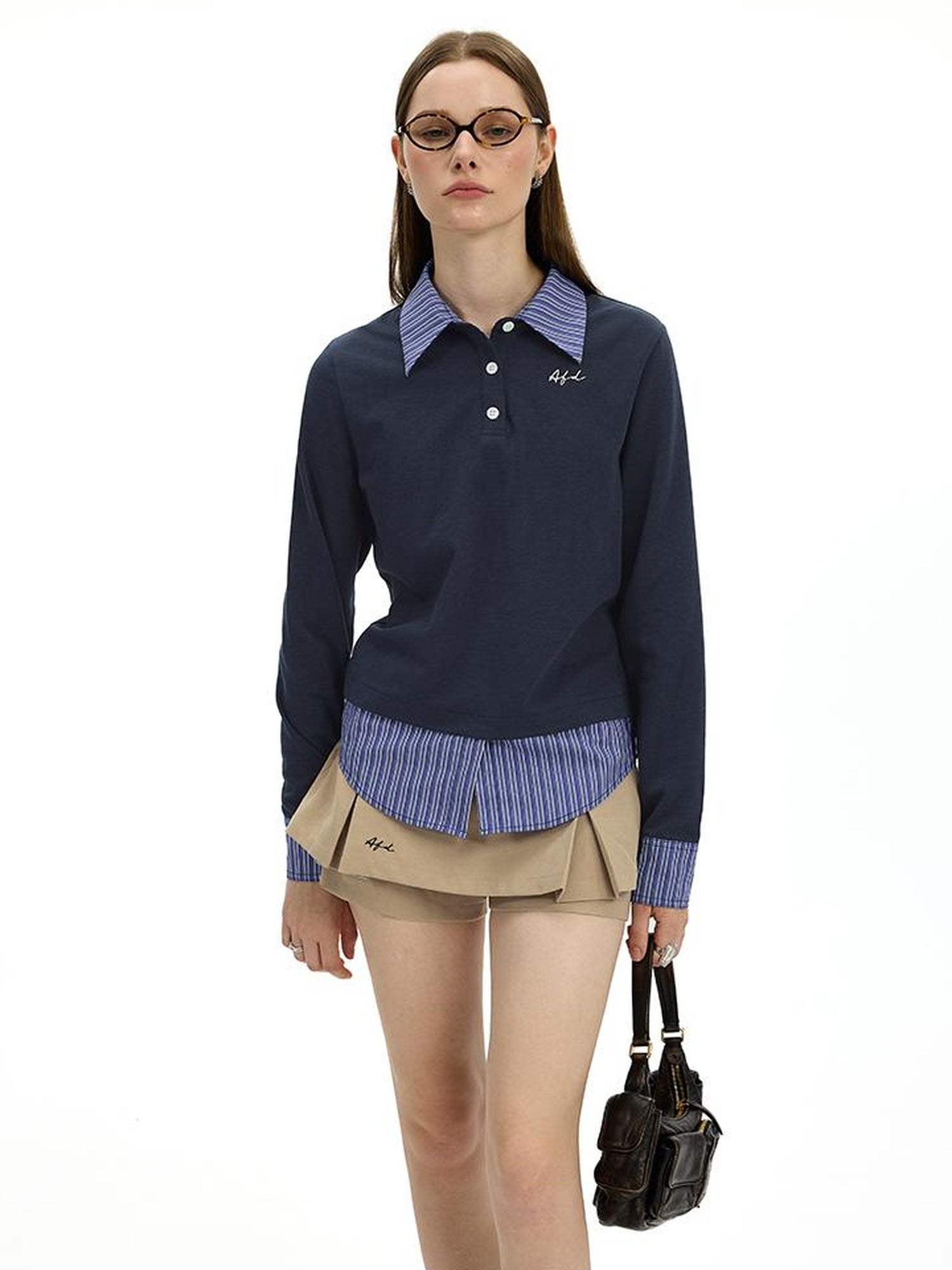 AFTADAWN Striped Layered Shirt Polo Collar Top With Pleated Skirt Set