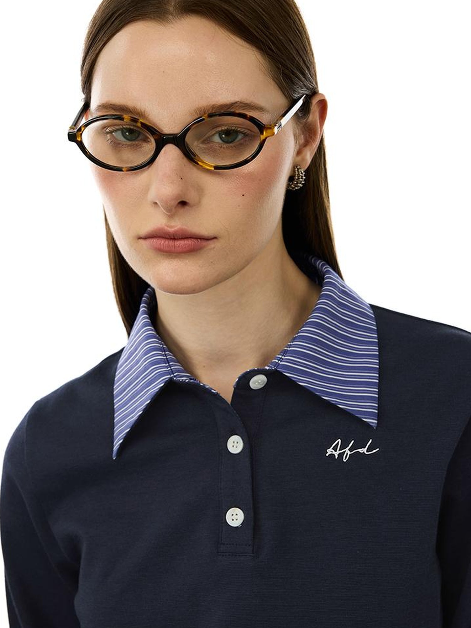 AFTADAWN Striped Layered Shirt Polo Collar Top With Pleated Skirt Set