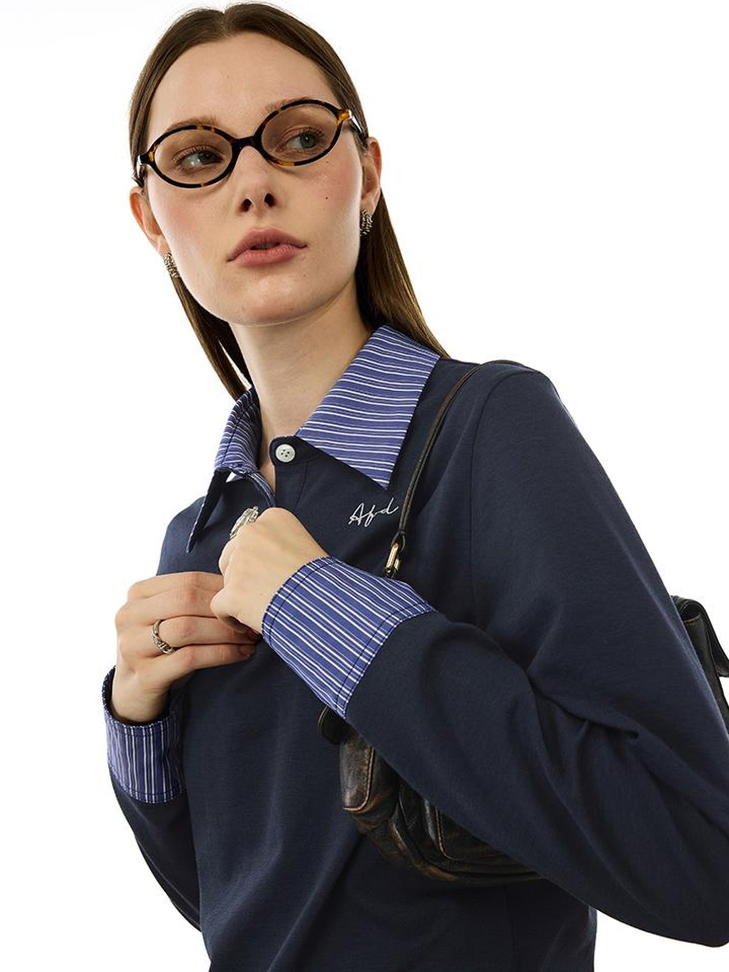 AFTADAWN Striped Layered Shirt Polo Collar Top With Pleated Skirt Set