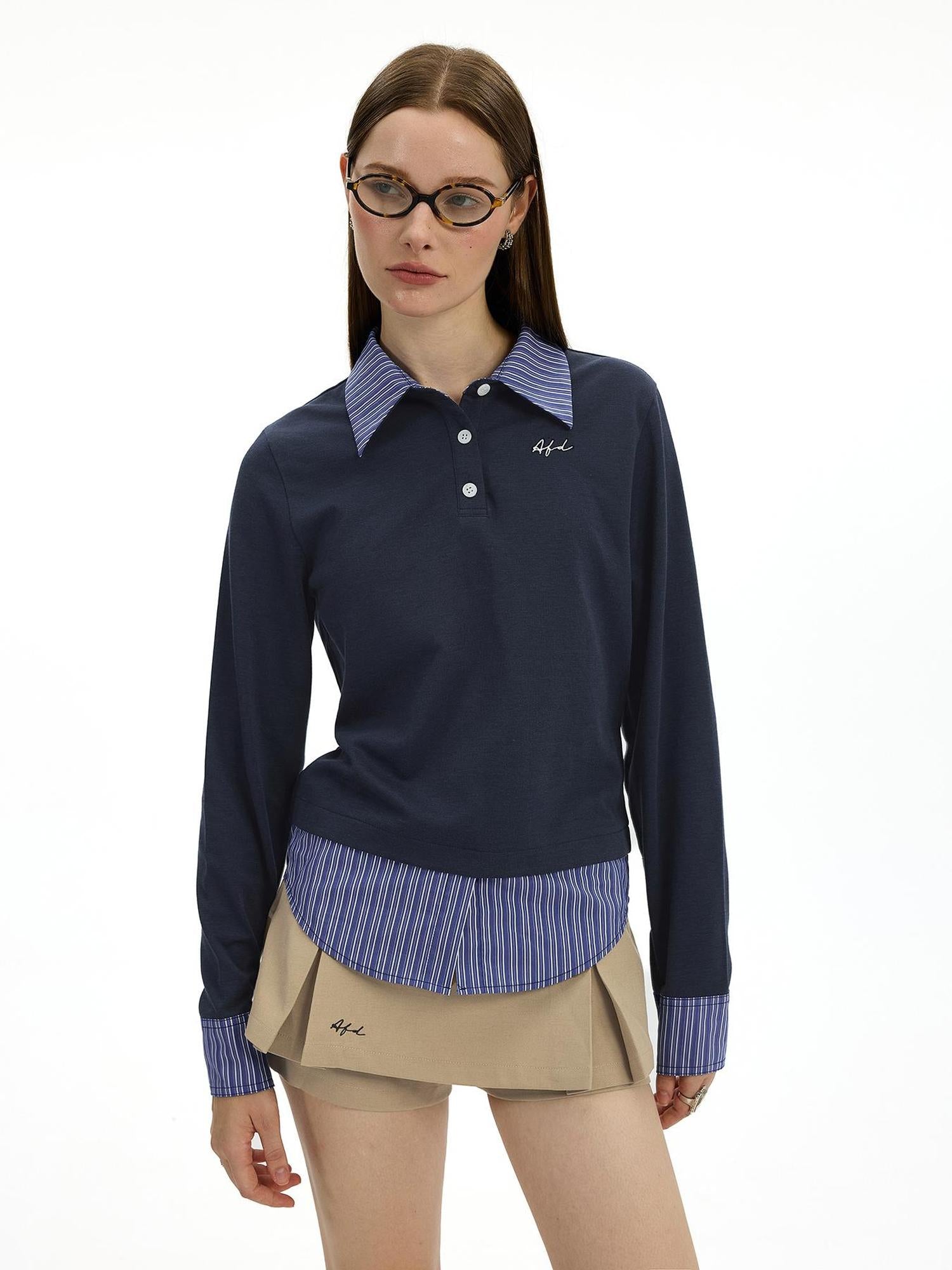 AFTADAWN Striped Layered Shirt Polo Collar Top With Pleated Skirt Set